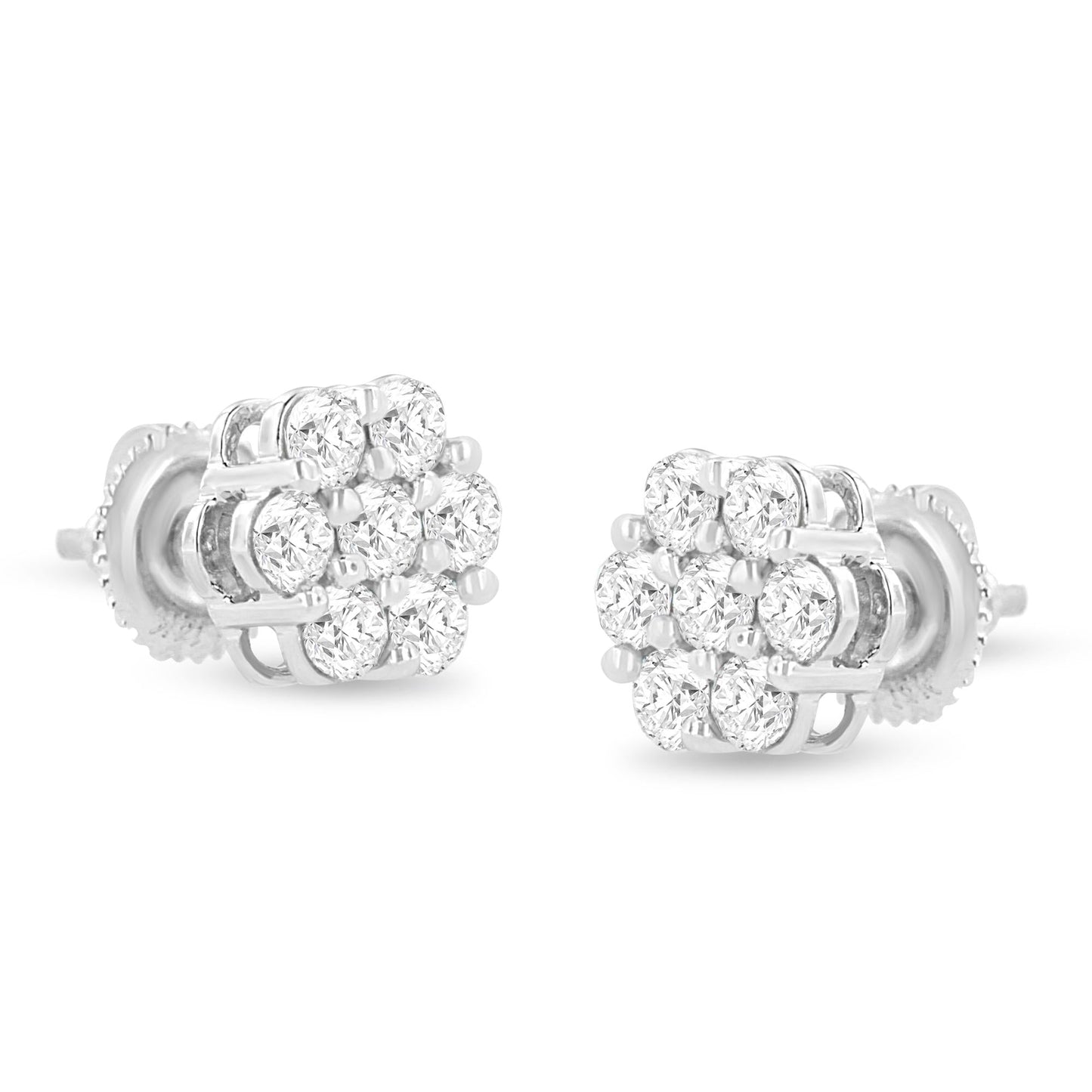 14K White Gold 1 1/2 cttw Prong Set Round-Cut Diamond Floral Cluster Stud