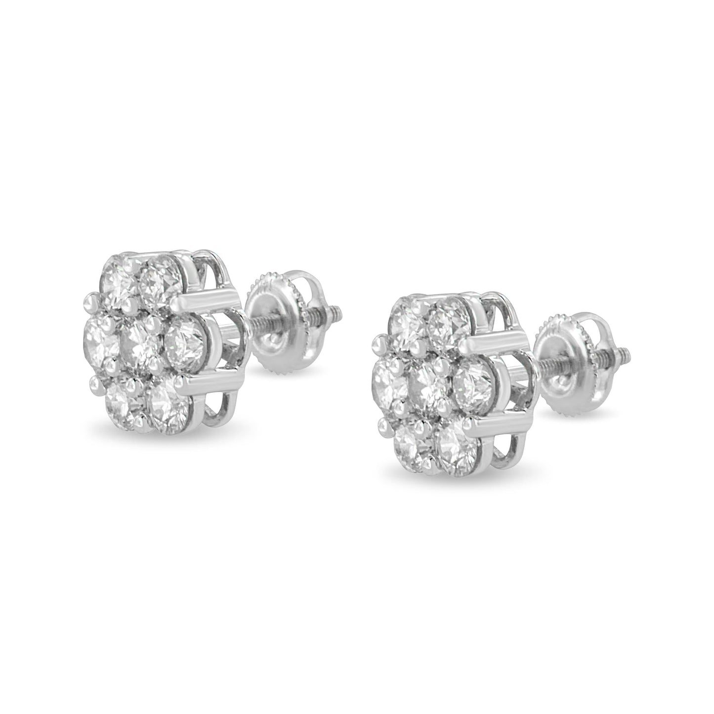 14K White Gold 3 cttw Prong Set Round-Cut Diamond Floral Cluster Stud Earring