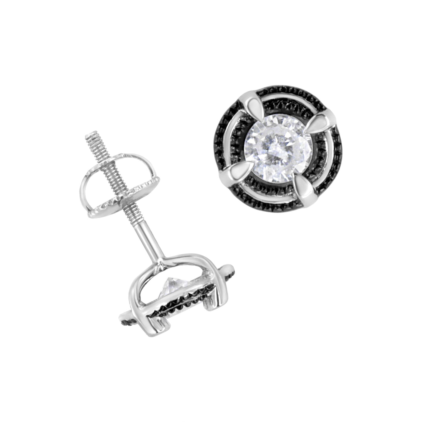 Black Rhodium Plated.925 Sterling Silver Round Diamond Double Halo 4-Prong