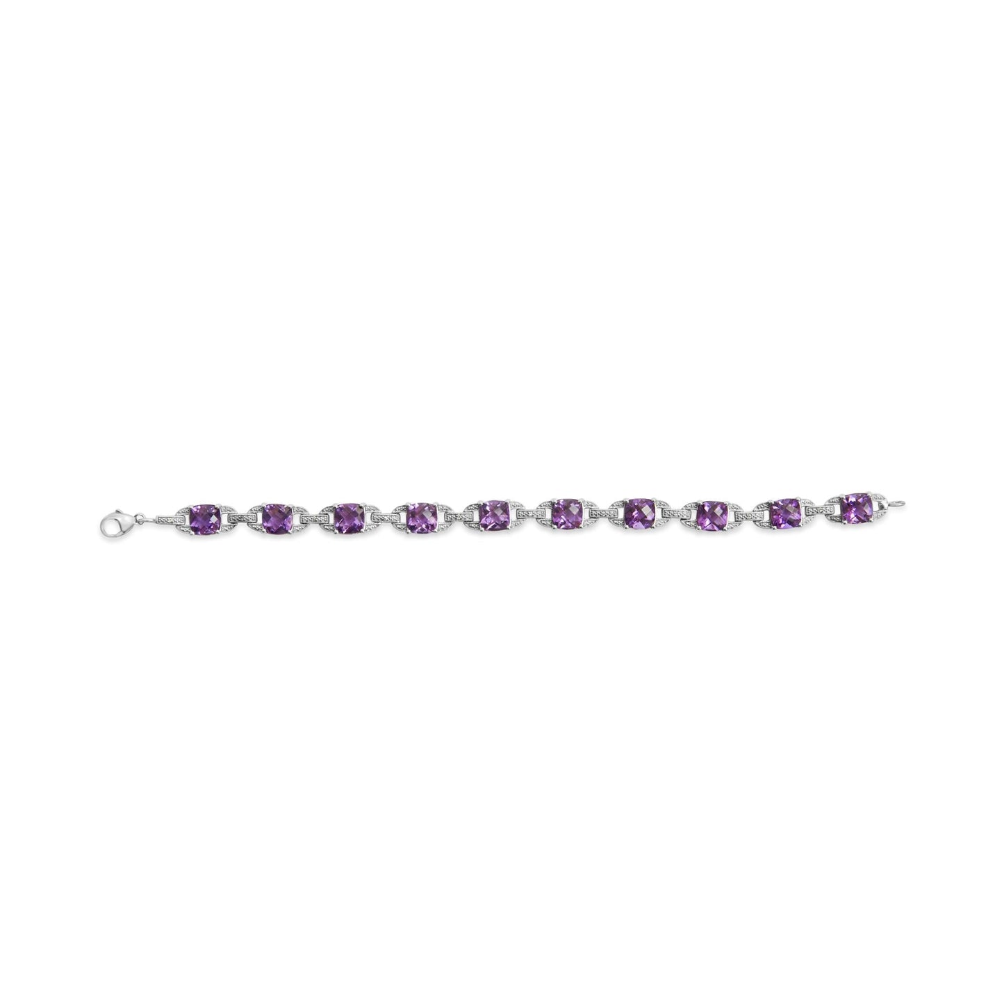 .925 Sterling Silver 7mm Cushion Cut Amethyst Gemstone and Diamond Tennis Link