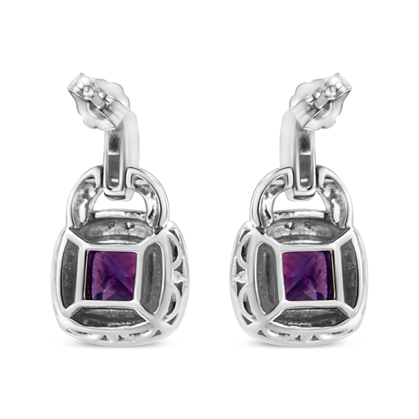 .925 Sterling Silver 8MM Natural Cushion Shaped Amethyst and Diamond Accent