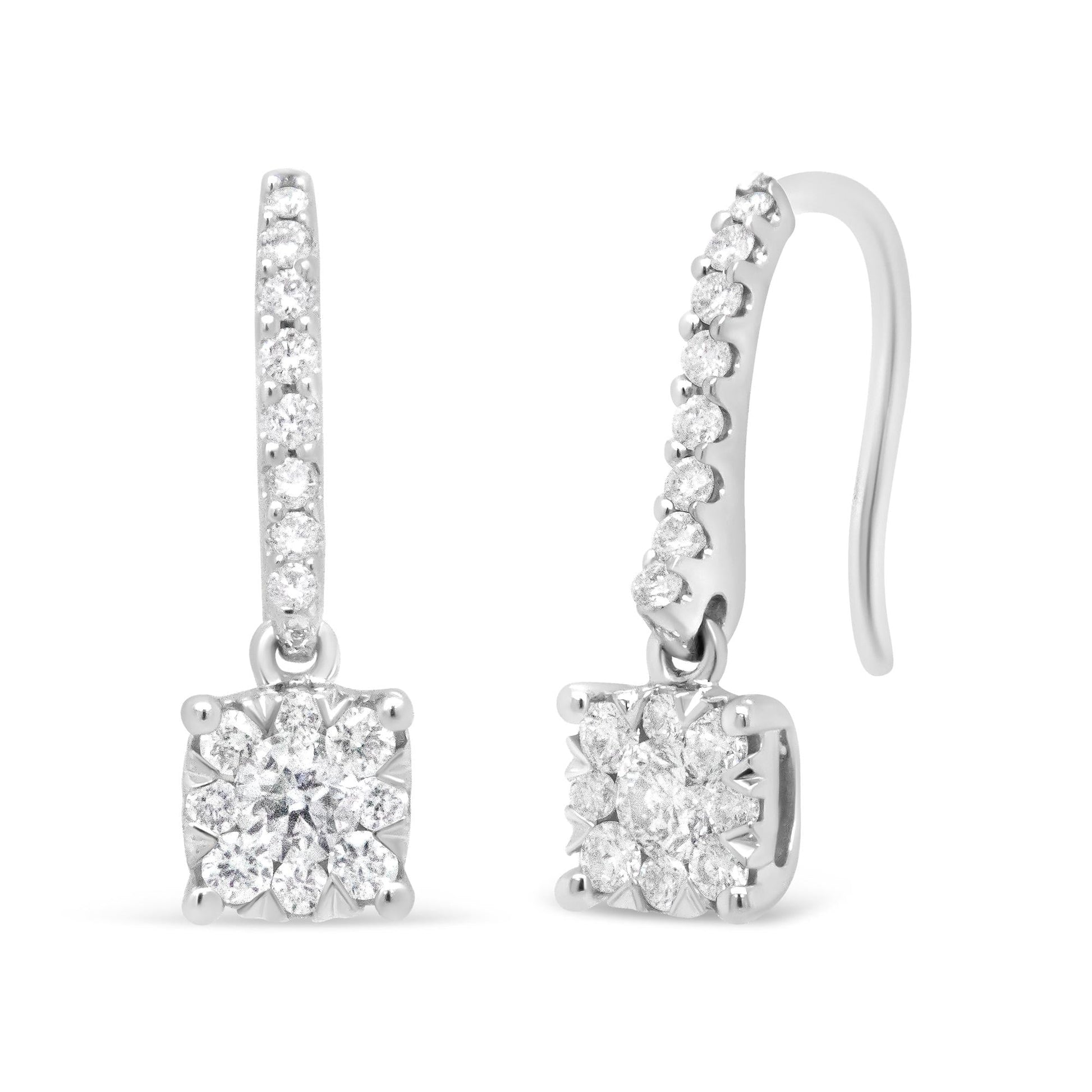 14K White 1/2 Cttw Round Diamond Halo Dangle Hook Earring - (H-I Color SI2-I1