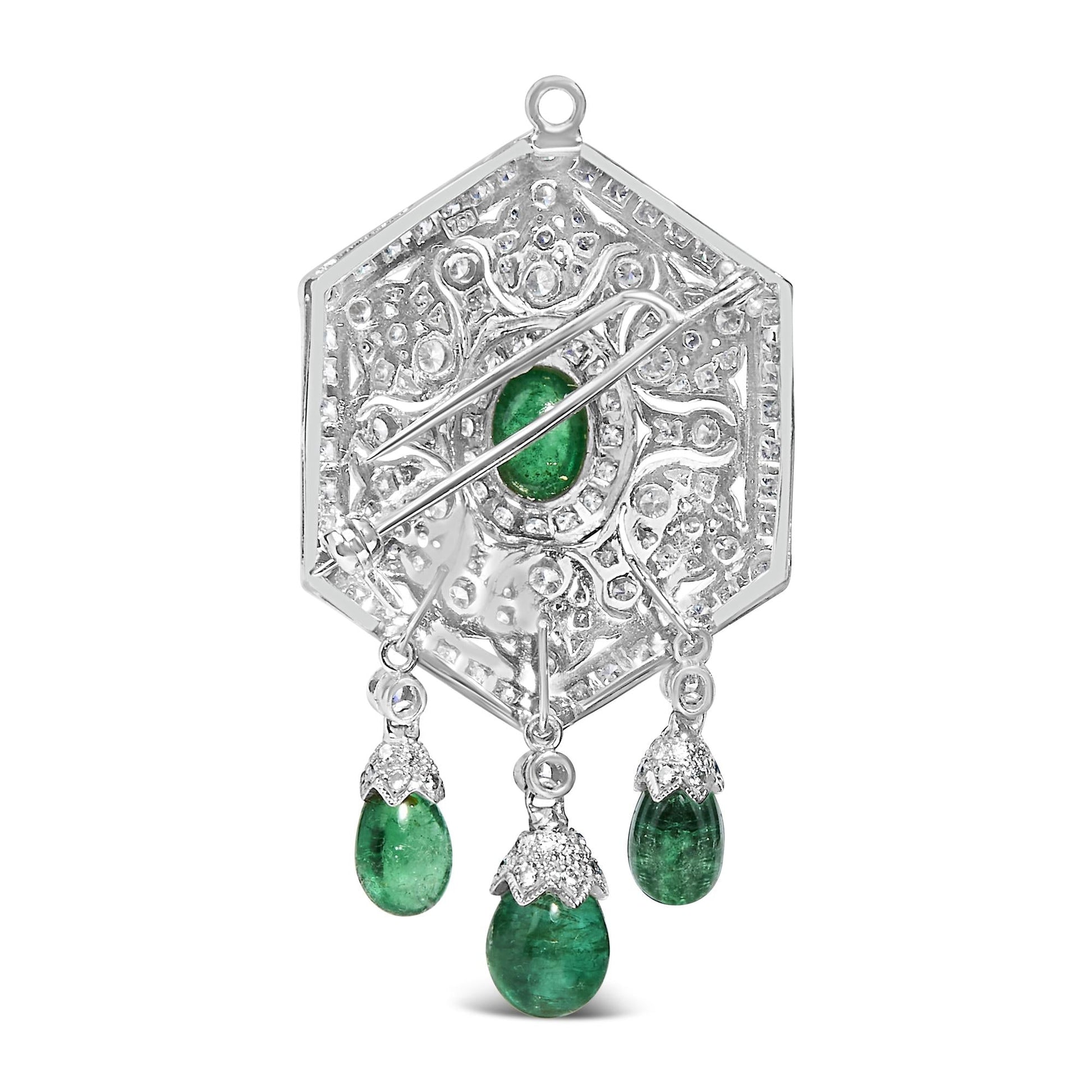 18K 2 3/4 Cttw Diamond and Emerald Dangle Art Deco Shield Brooch Pin Pendant