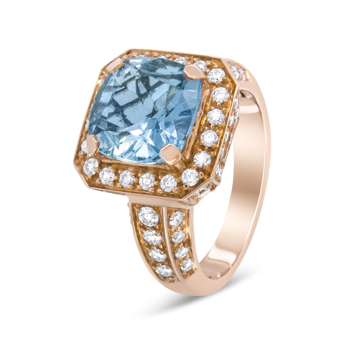 18K Rose Gold 10x10mm Cushion Shaped Aquamarine and 1 1/8 Cttw Round Diamond