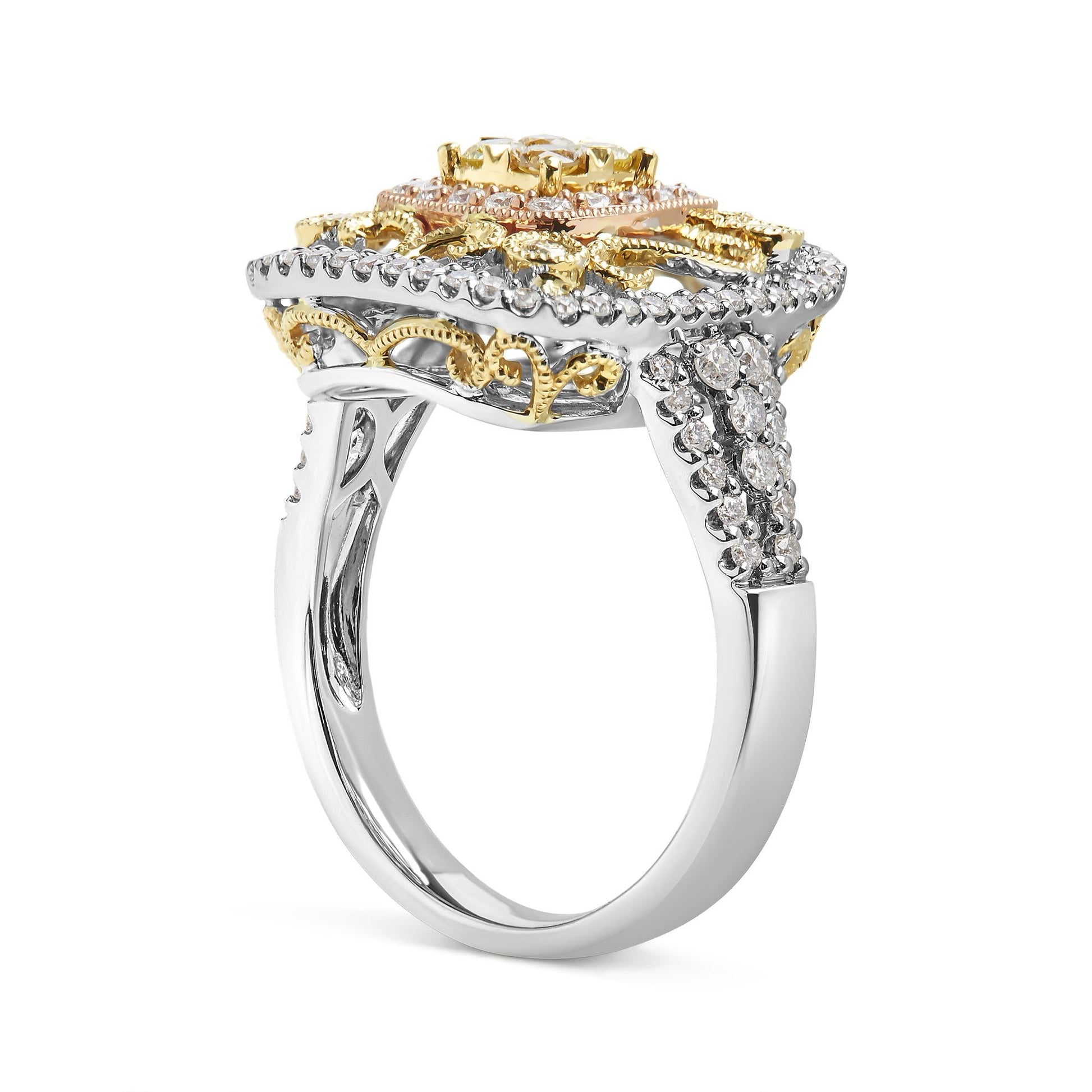 14K Tri-Toned Gold 1.00 Cttw Yellow Diamond Halo and Milgrain Cocktail Cluster