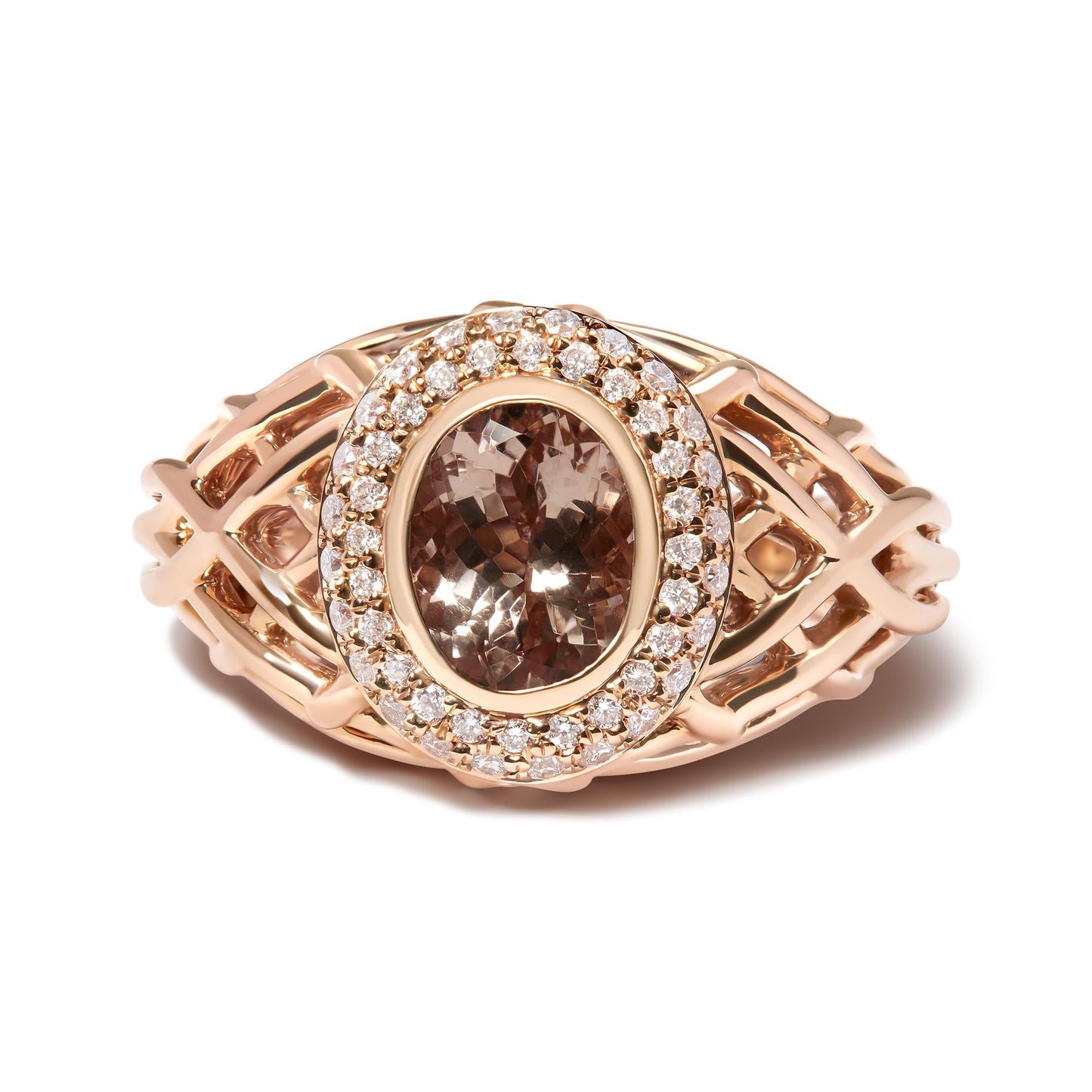 14K Rose Gold Oval Cut Light Pink Morganite and 3/8 Cttw Diamonds Halo