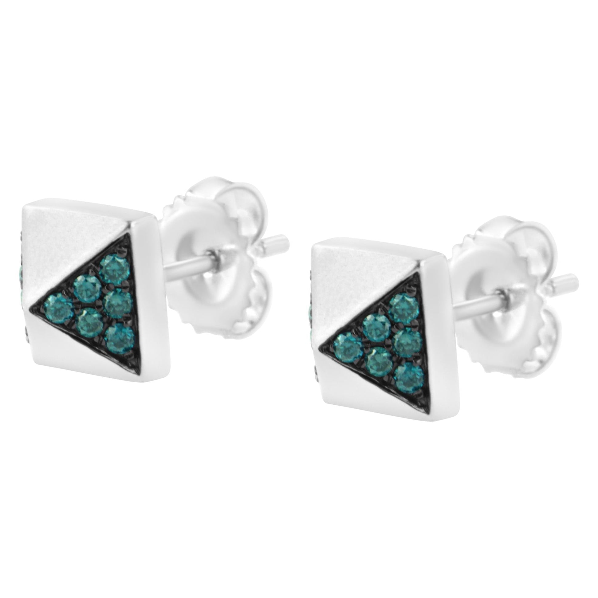 14K White Gold 1/4 Cttw Treated Blue Diamond Pyramid Stud Earring (Blue Color