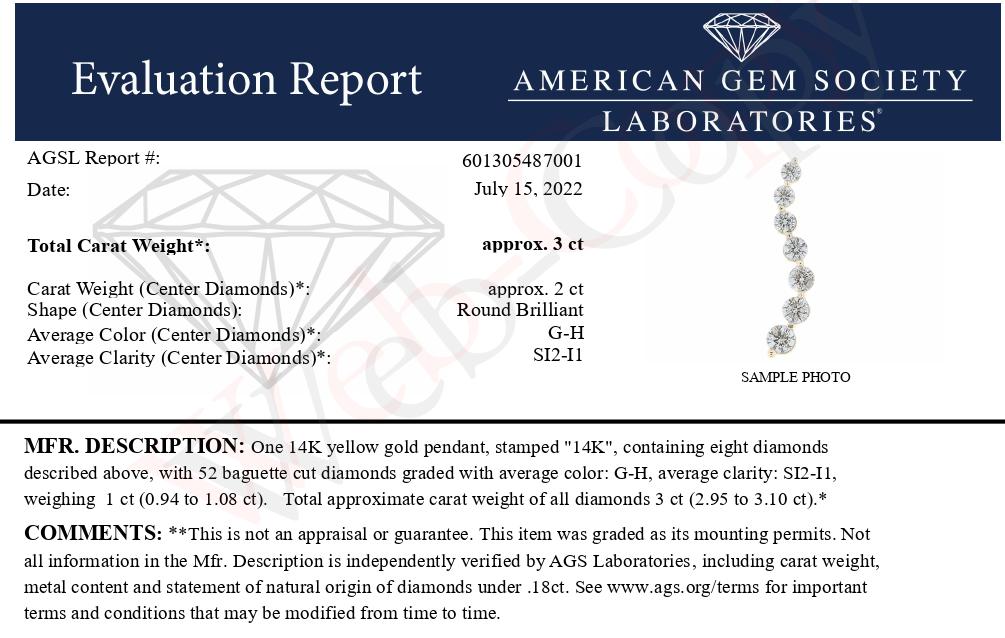 AGS Certified 14K Yellow Gold 3.0 Cttw Baguette and Brilliant Round-Cut Diamond