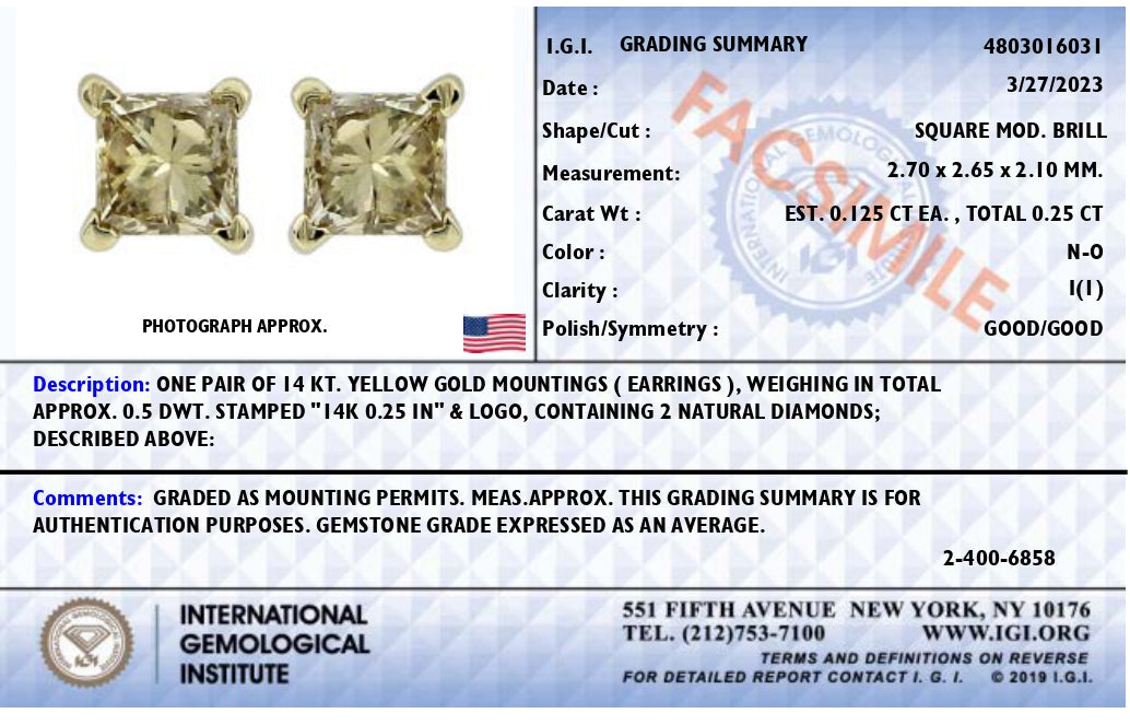 AGS Certified Princess-Cut Square Diamond 4-Prong Solitaire Stud Earrings in 14K Gold (N-O Color, I1-I2 Clarity)