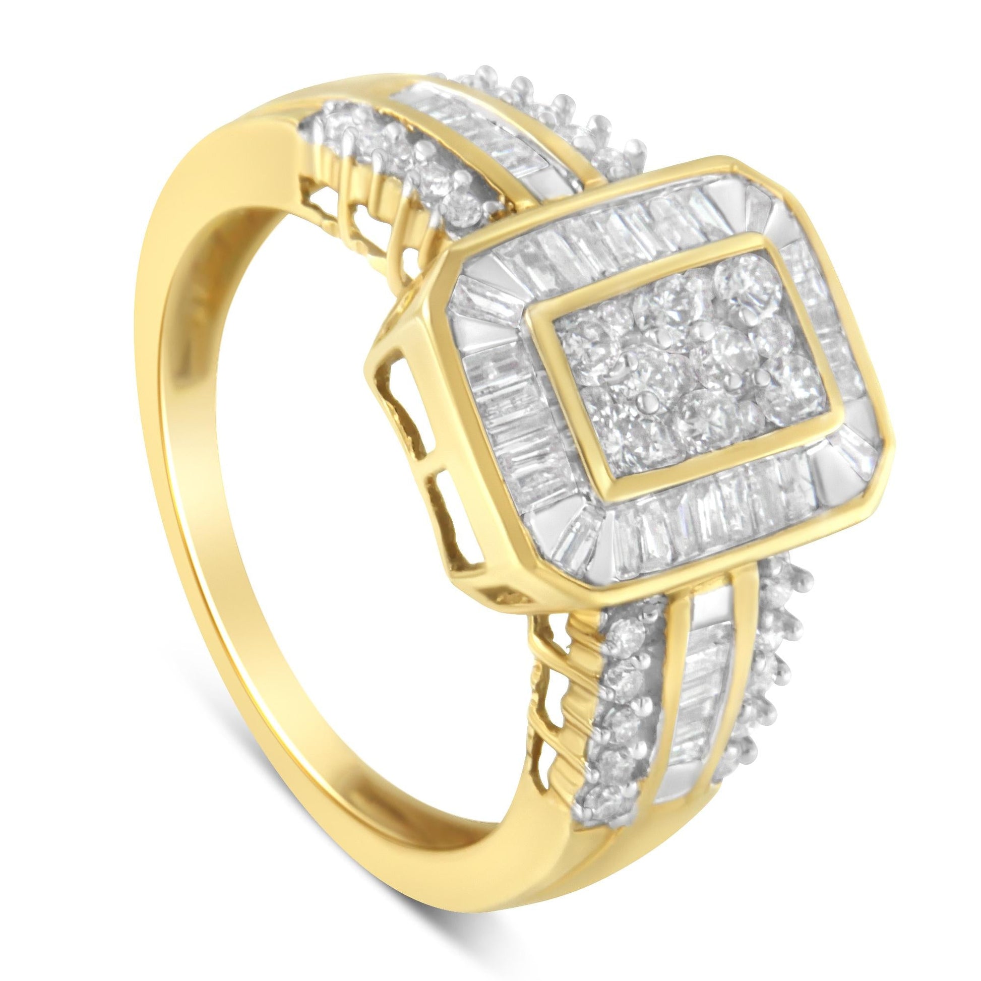 10K Yellow Gold Round and Baguette-Cut Diamond Cocktail Ring (1.0 Cttw H-I