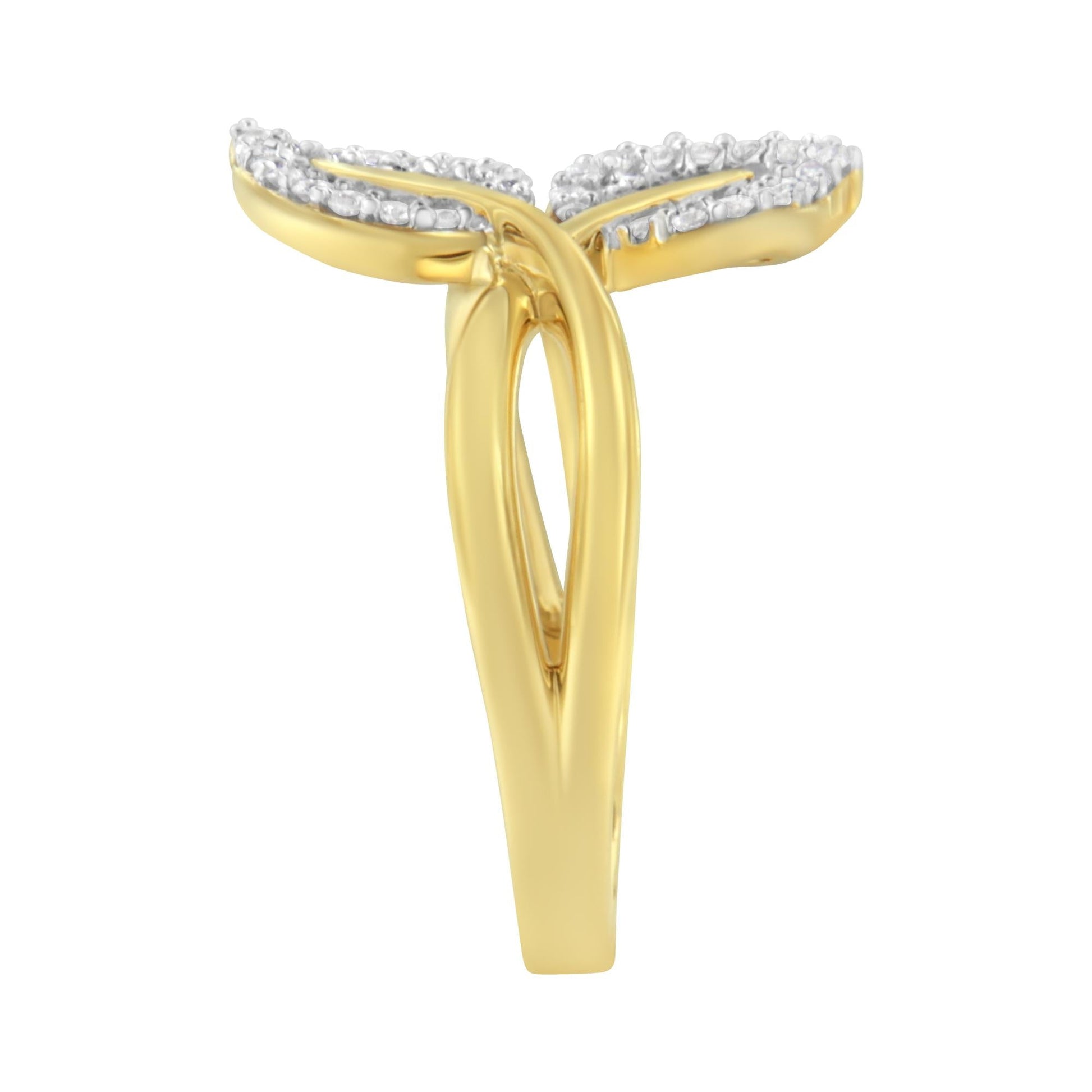 10K Yellow Gold 3/8 Cttw Round and Baguette-Cut Diamond Leaf Cocktail Ring (I-J