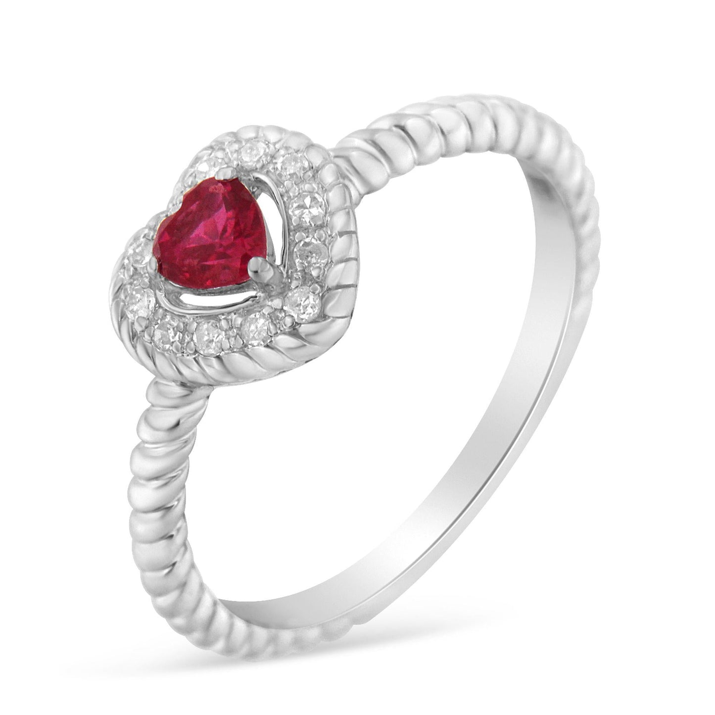 Sterling Silver 4MM Lab Created Ruby Heart and Diamond Accent Heart Ring (I-J