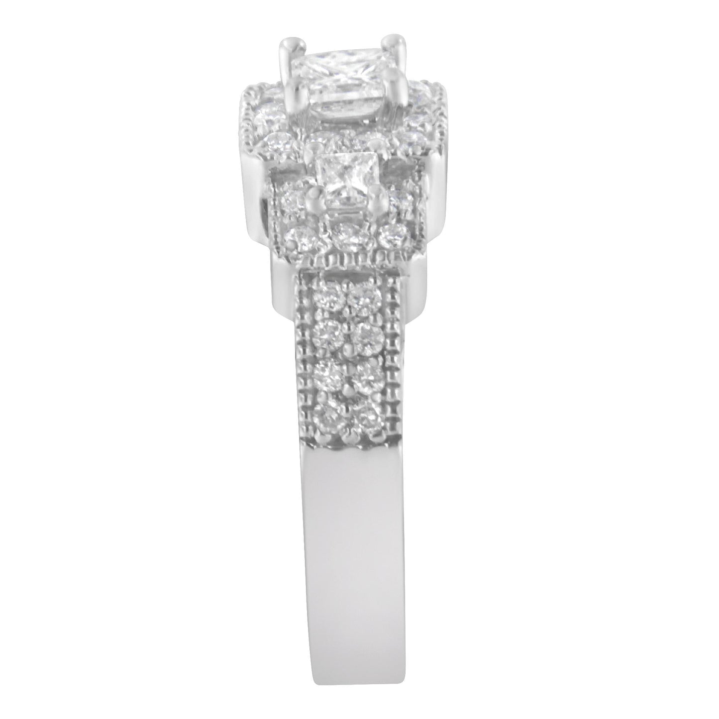 14K White Gold Round and Princess-Cut Diamond Three Stone Ring (1 Cttw H-I