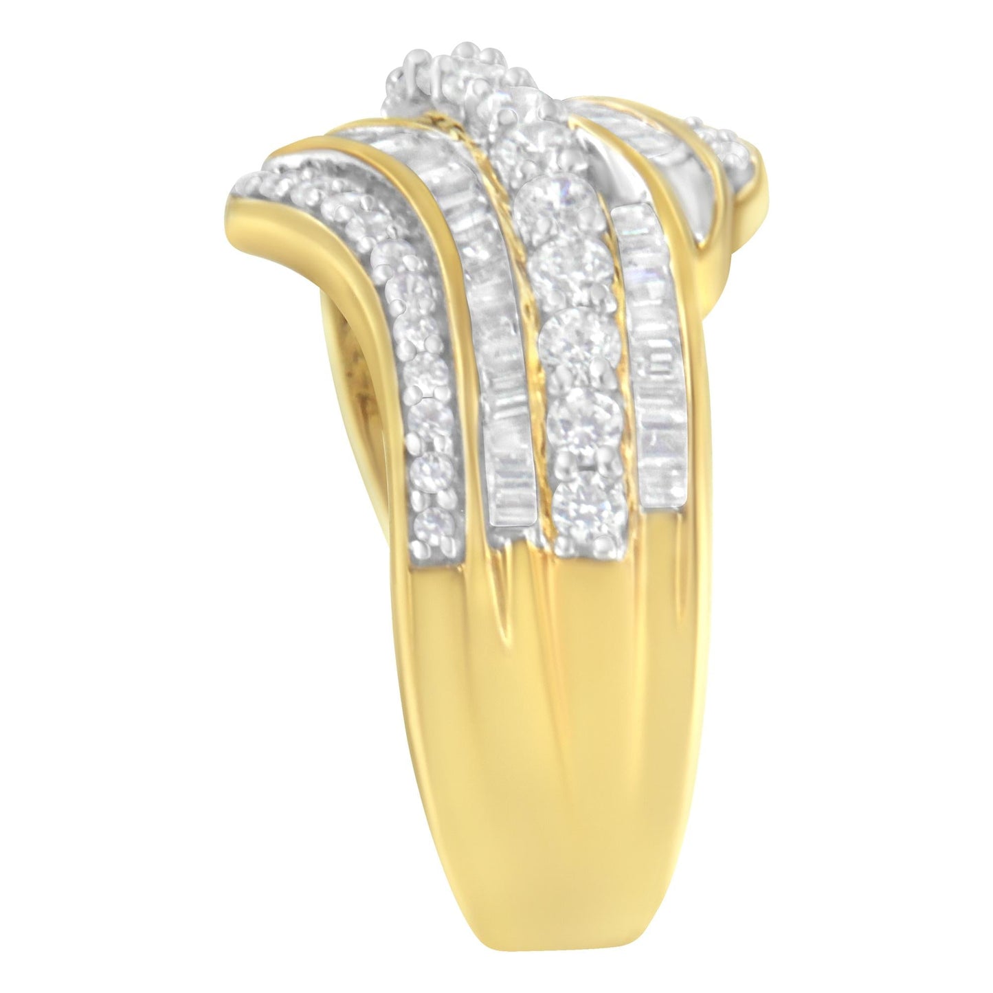 10K Yellow Gold 1.0 Cttw Baguette and Round Diamond Multi-Row Wave Bypass Ring