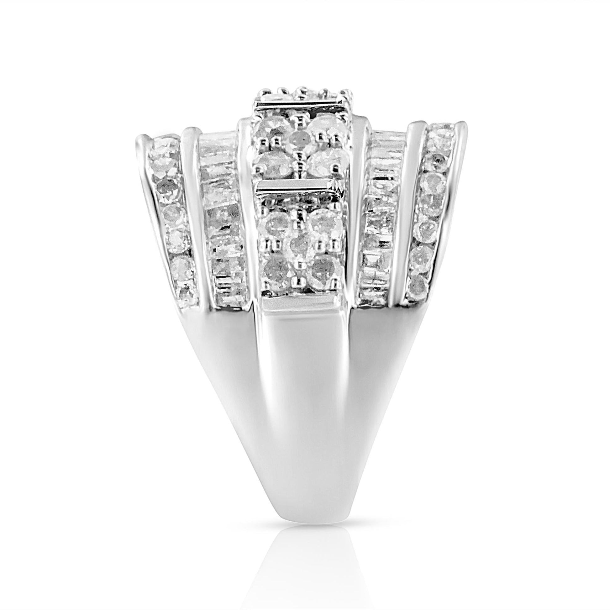 .925 Sterling Silver 2.0 Cttw Round & Baguette Cut Diamond Multi-Row Channel