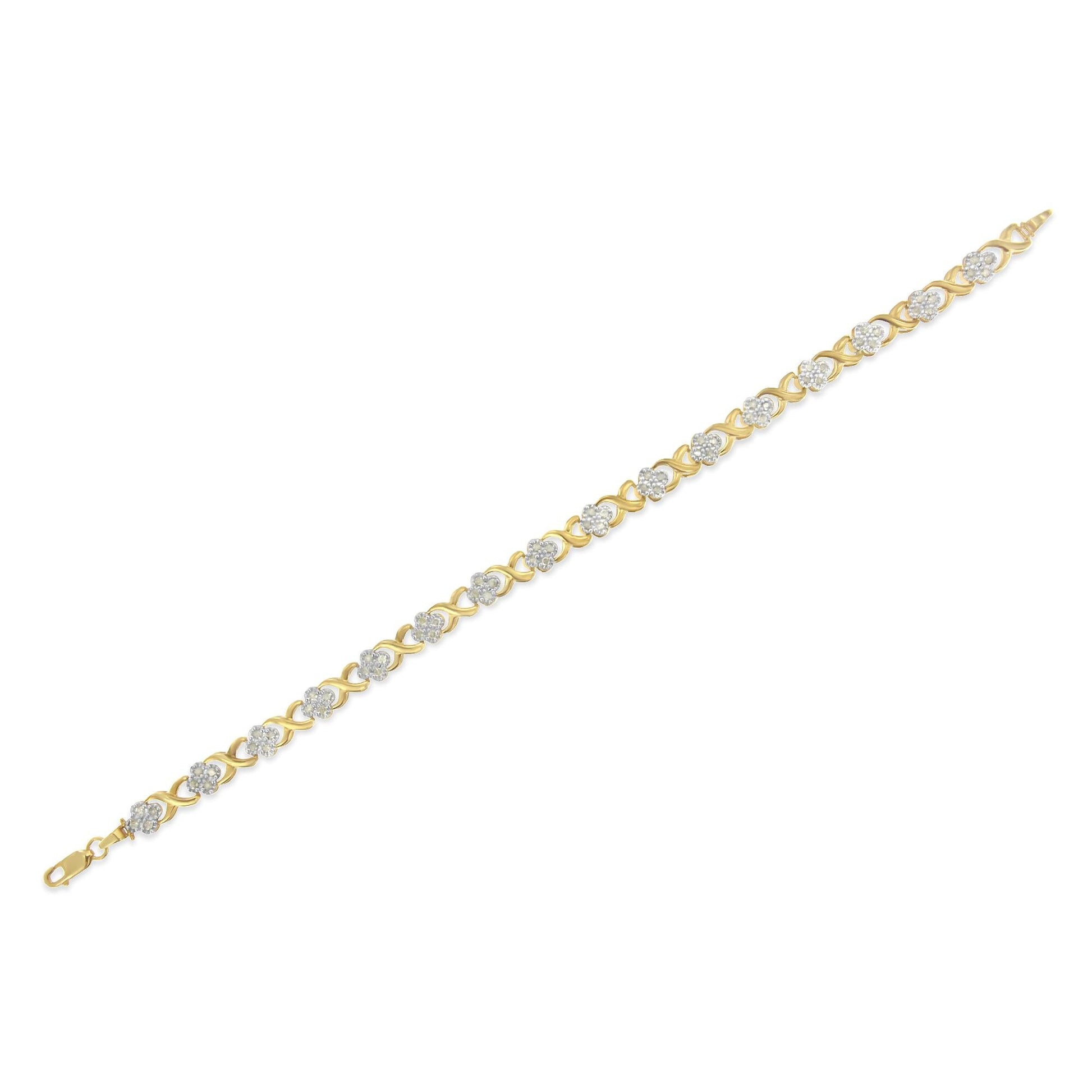 10K Yellow Gold 1.00 Cttw Diamond Cluster X Link Tennis Link 7.50’’