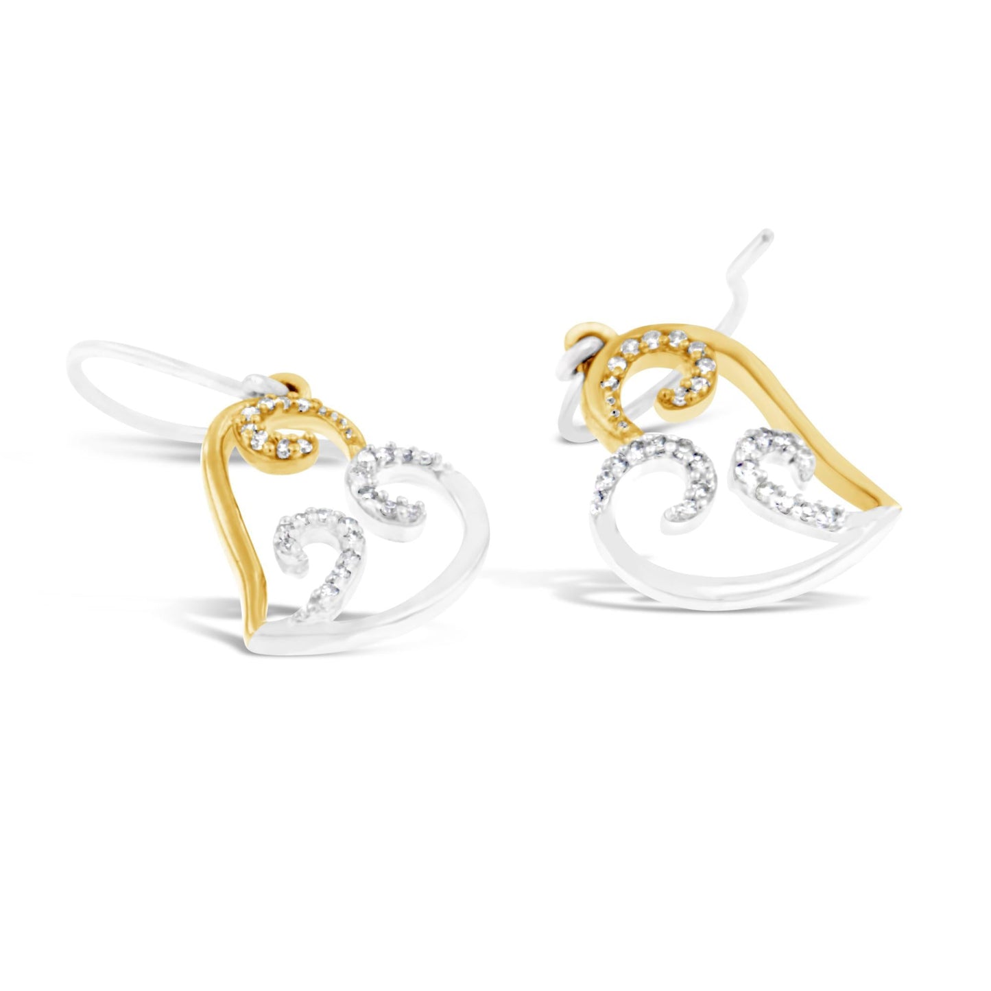 10K Two-tone Gold Round Diamond Heart Dangle Earrings (1/4 cttw I-J Color I2-I3