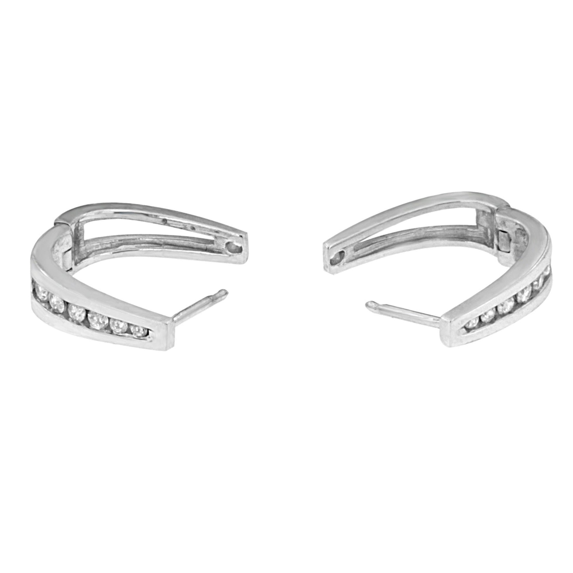 14k White Gold Channel-Set Brilliant Round-Cut Diamond Hoop Earrings (I-J Color