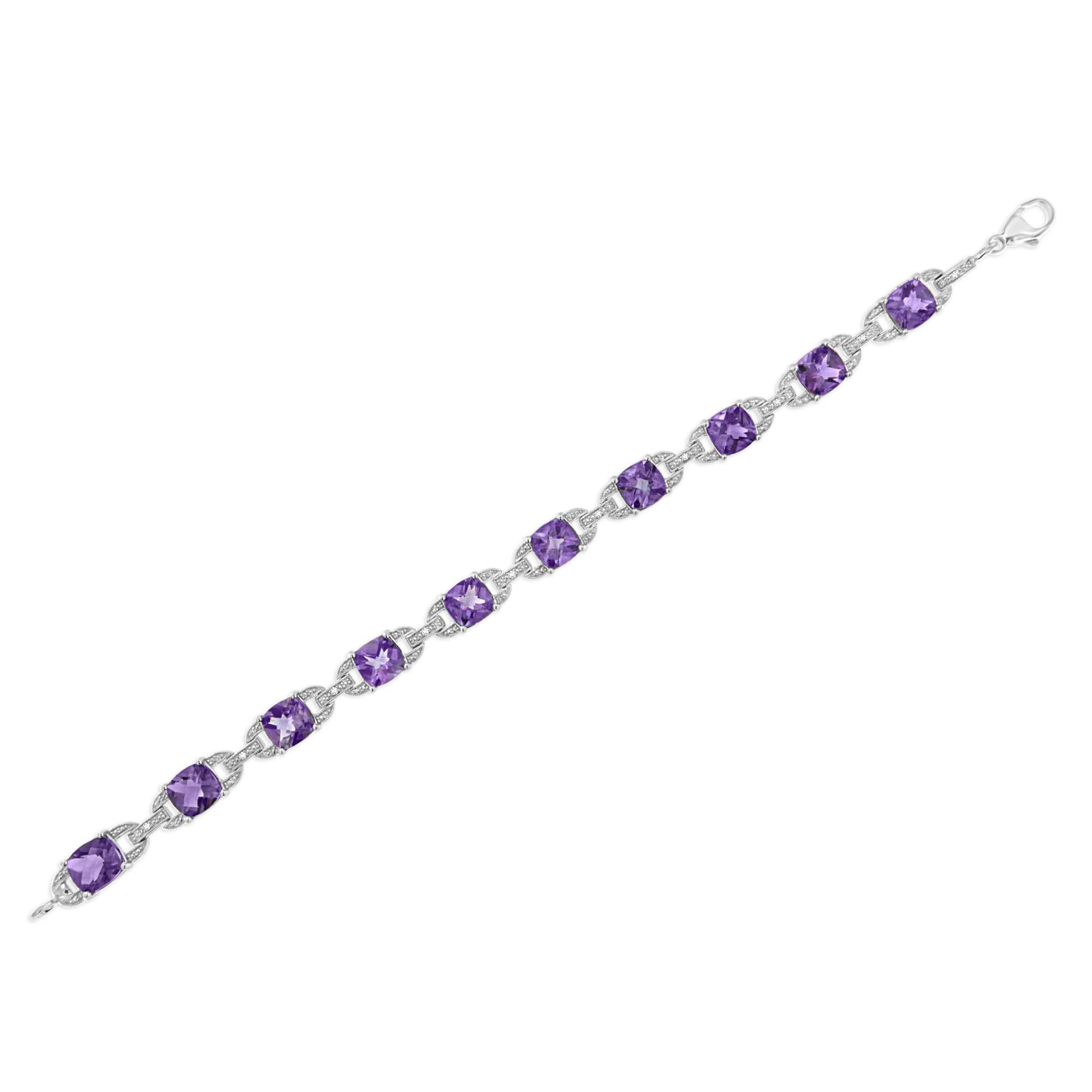 .925 Sterling Silver 7mm Cushion Cut Amethyst Gemstone and Diamond Tennis Link