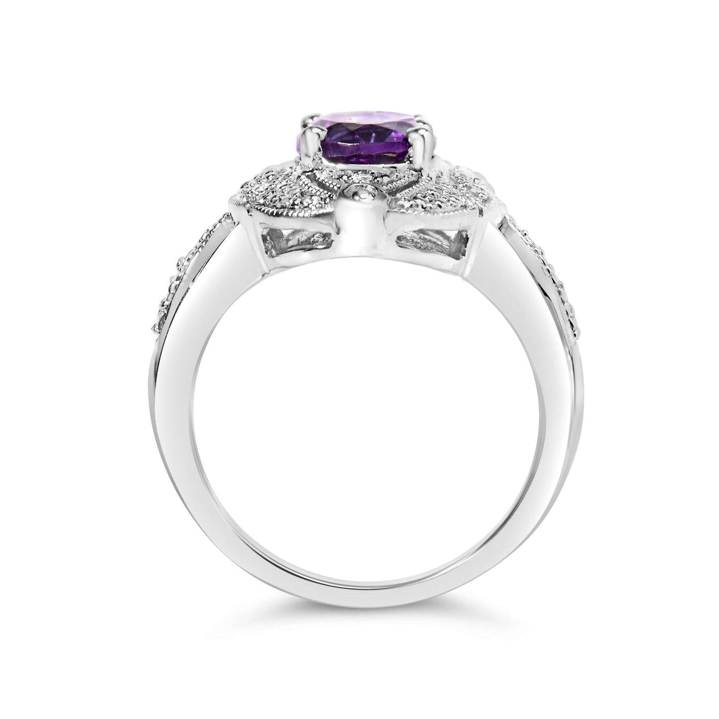 .925 Sterling Silver 9x7mm Oval Purple Amethyst and Round Diamond Accent