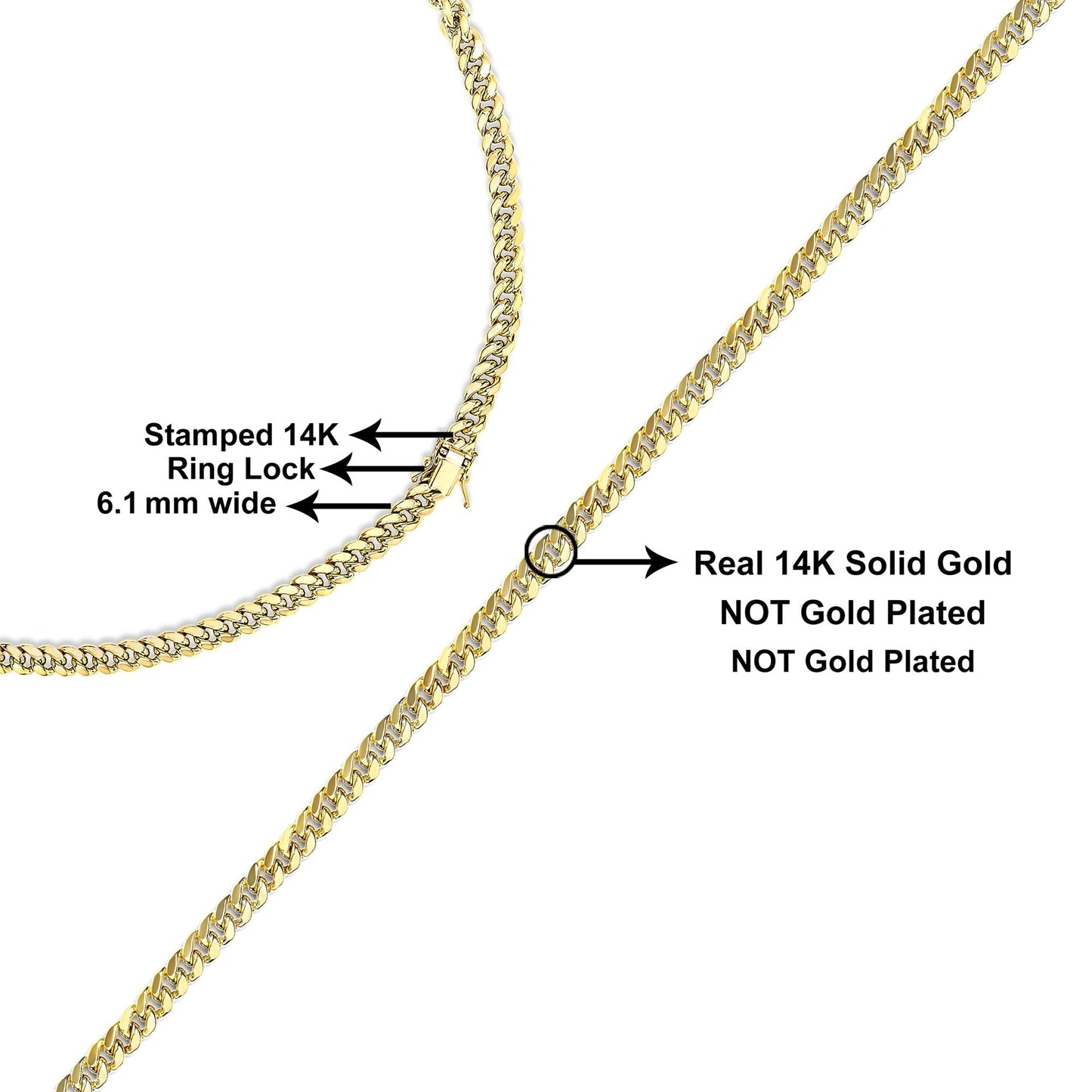 Semi-Solid 14K Yellow Gold 6.1mm Classic Miami Cuban Chain Necklace