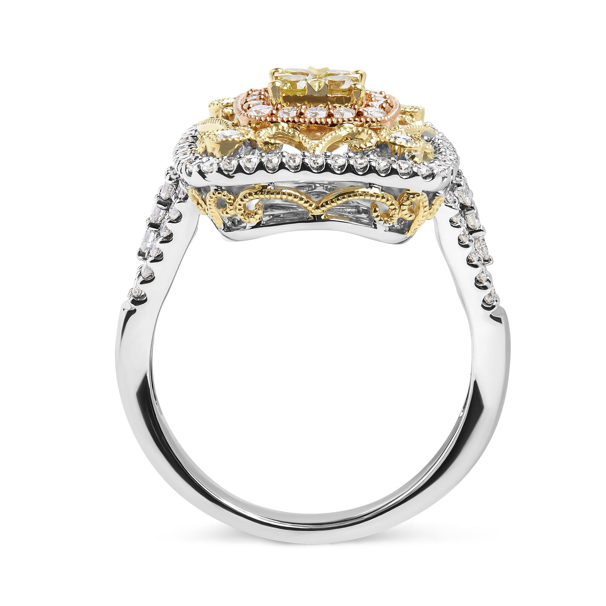 14K Tri-Toned Gold 1.00 Cttw Yellow Diamond Halo and Milgrain Cocktail Cluster