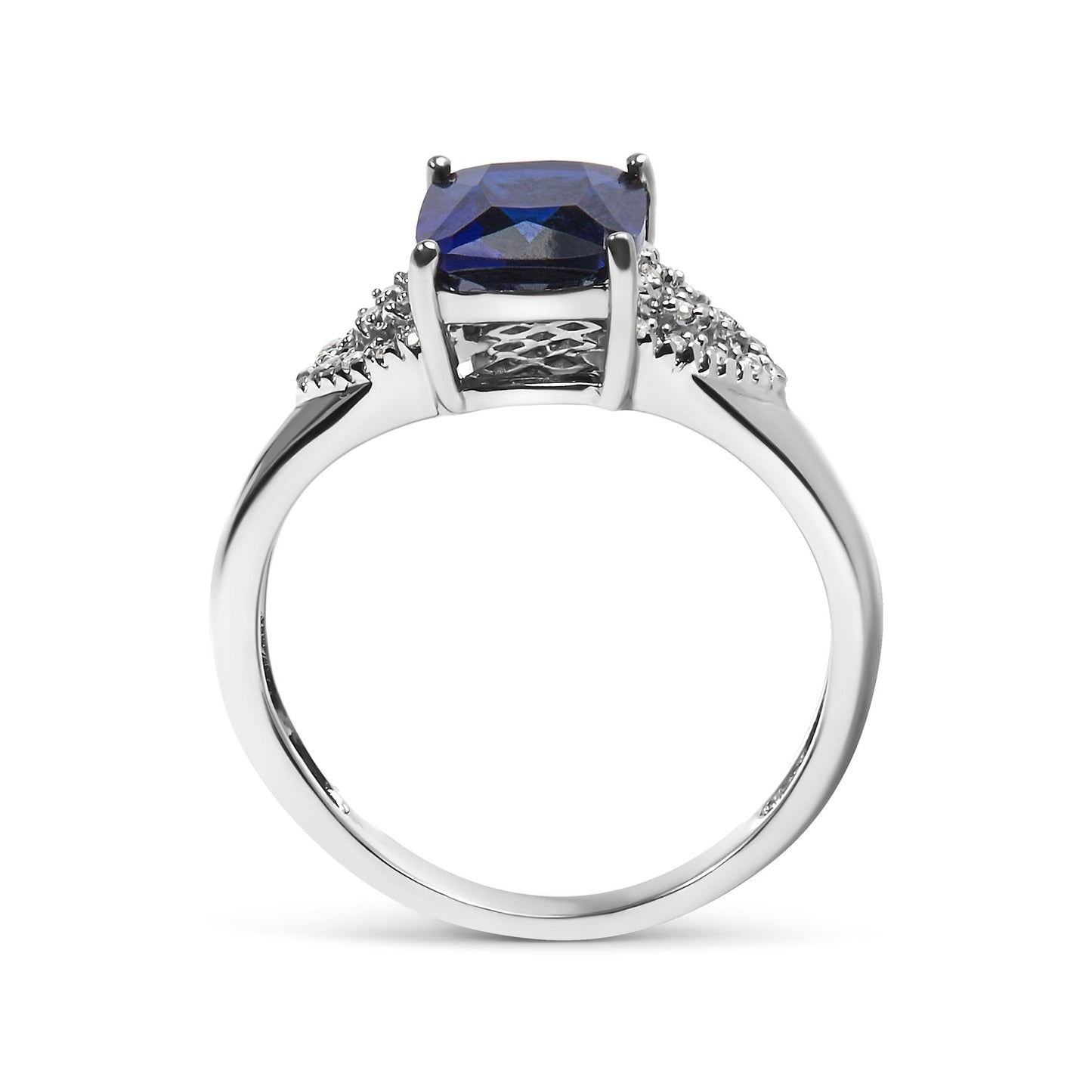 .925 Sterling Silver 9X7 mm Cushion Cut Blue Sapphire and White Diamond Step up