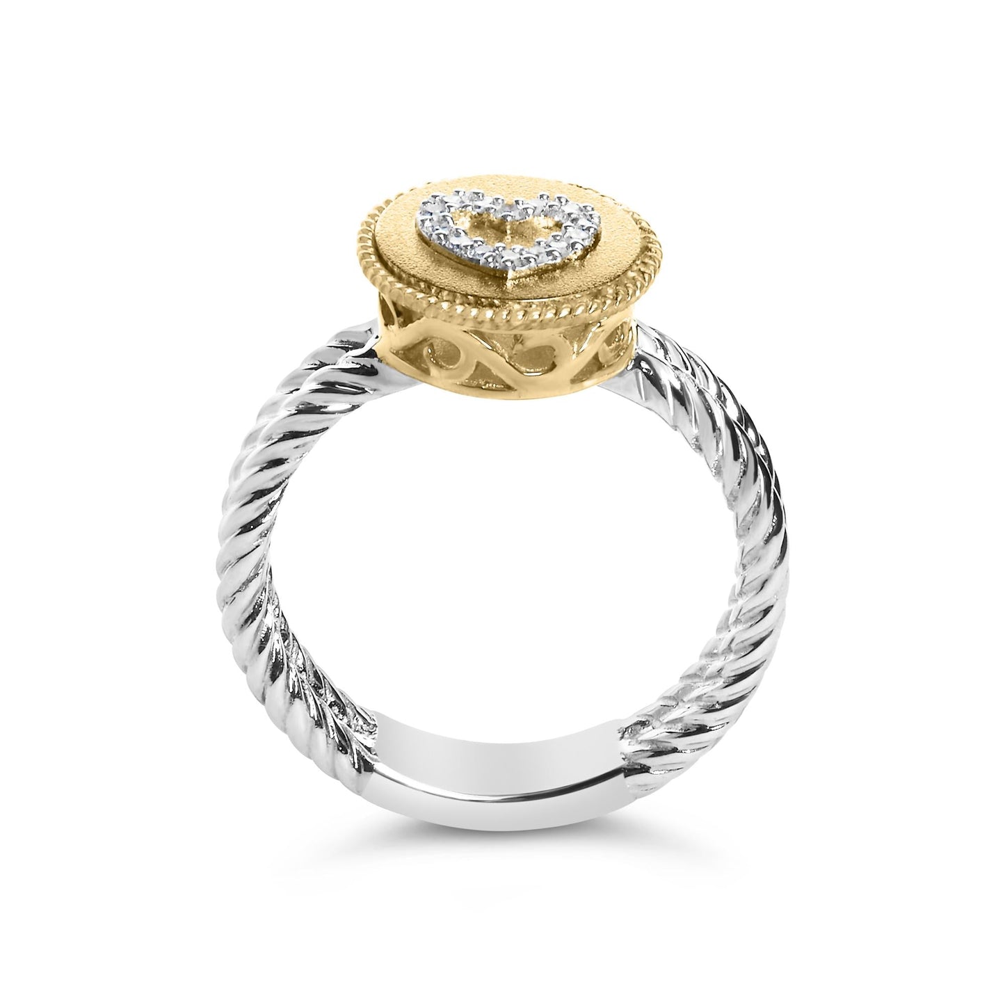 18K Yellow Gold Plated.925 Sterling Silver Diamond Heart Ring with Satin Finish