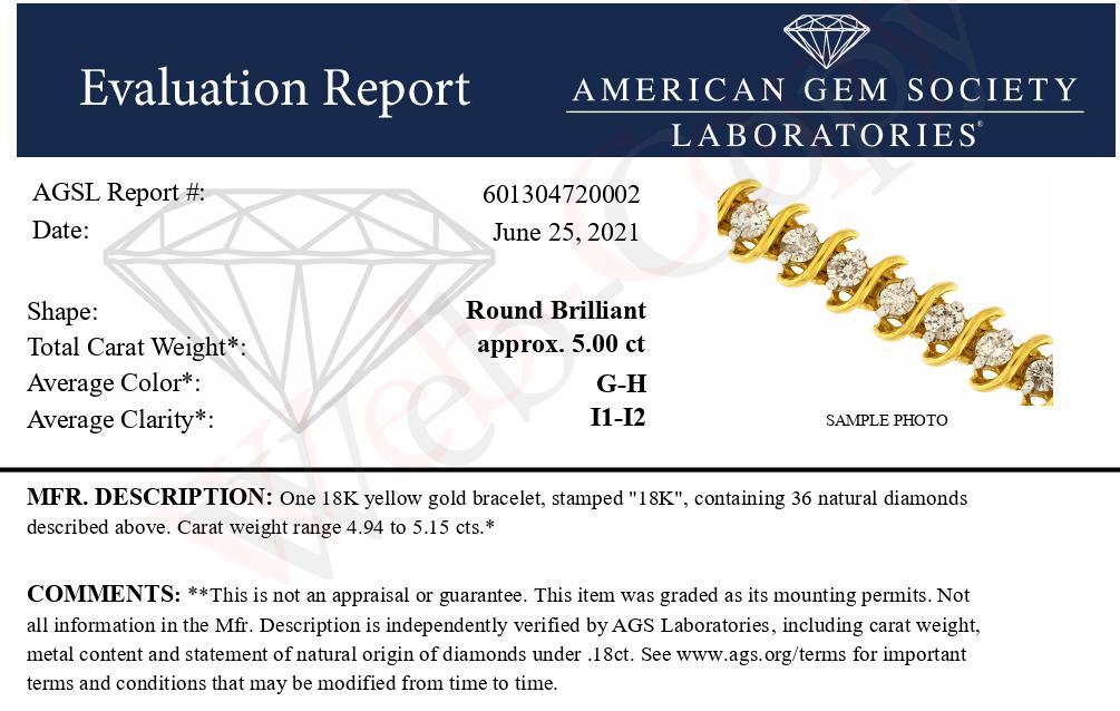 AGS Certified 18K Yellow Gold 5.00 Cttw ’S’ Link Wrapped 2-Prong Set Round