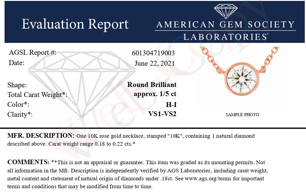 AGS Certified 10K Rose Gold 1/5 Cttw Bezel Set Round Diamond Solitaire