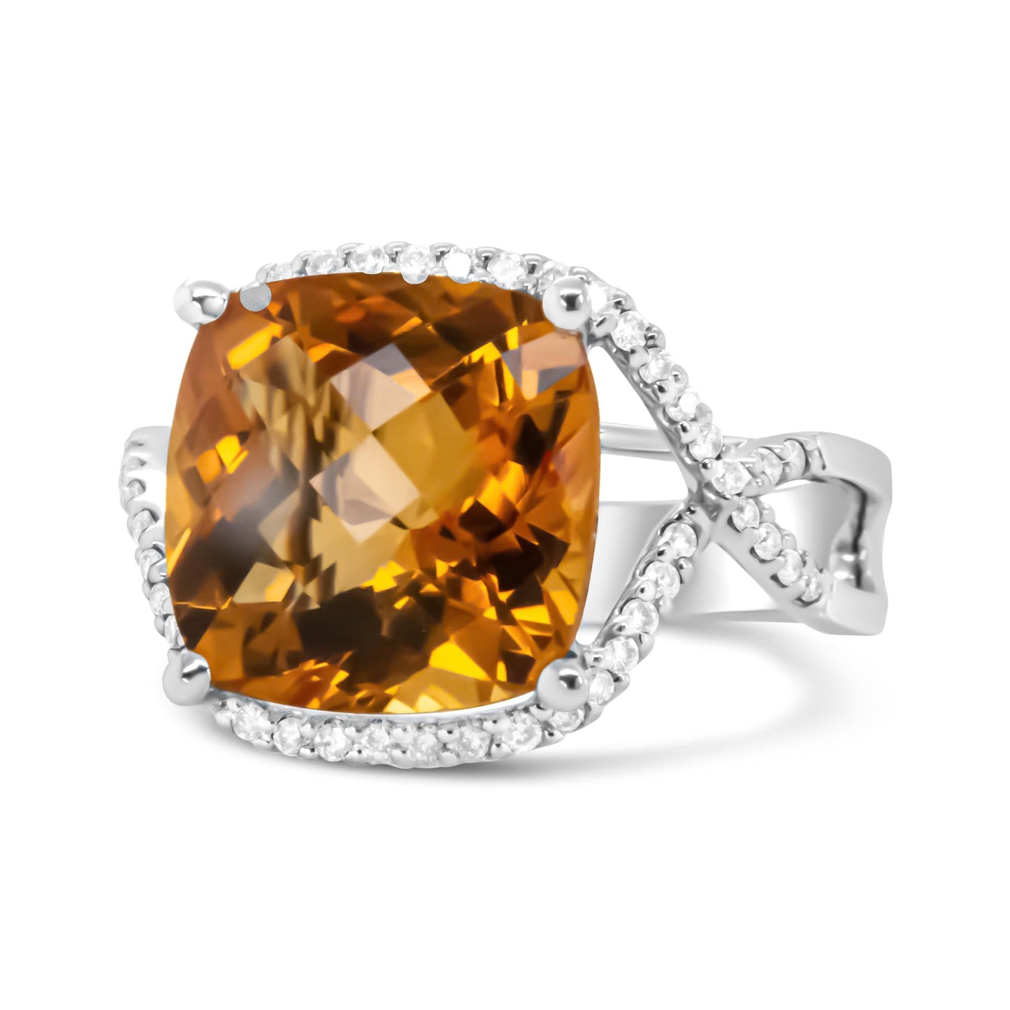 14K White Gold 12mm Cushion Cut Yellow Citrine Gemstone and 1/3 Cttw Round