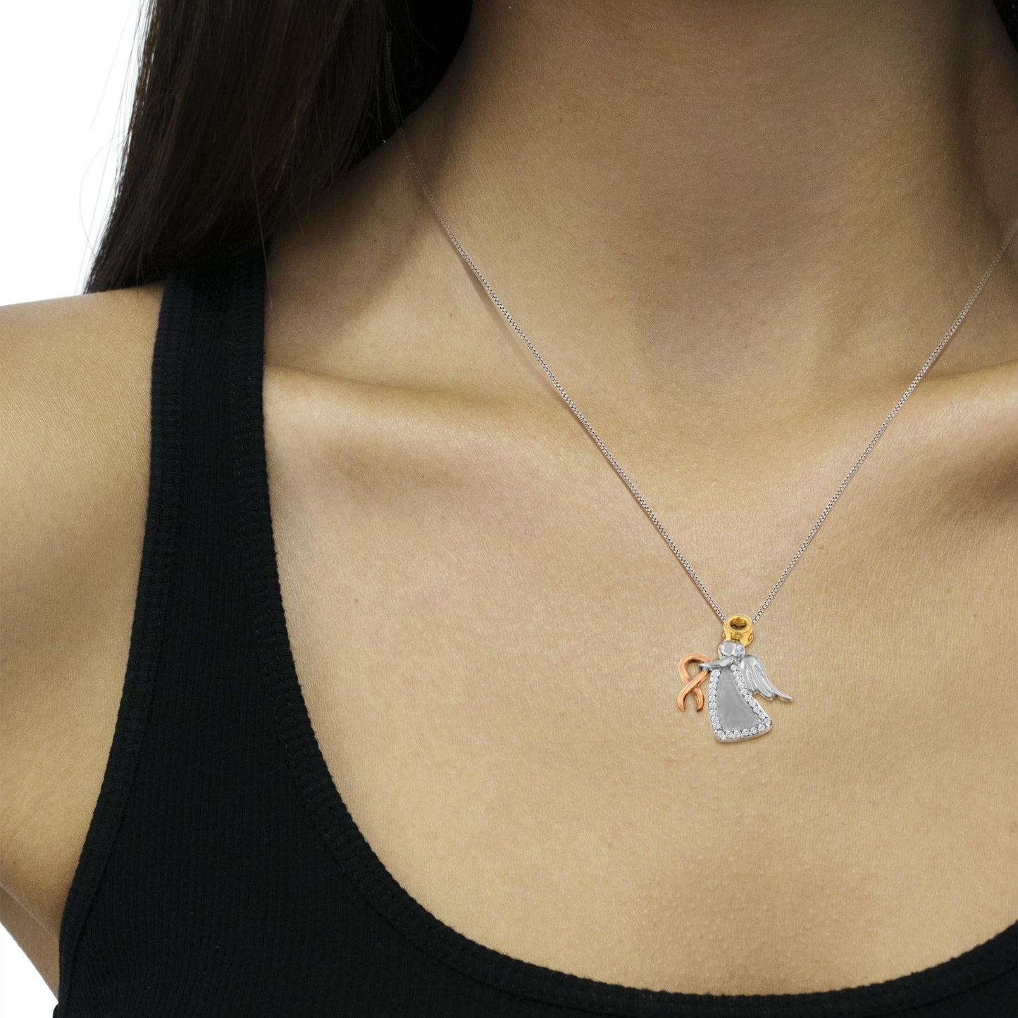 10K Tri-Color Gold Diamond-Accented Angel Awareness Ribbon Pendant Necklace