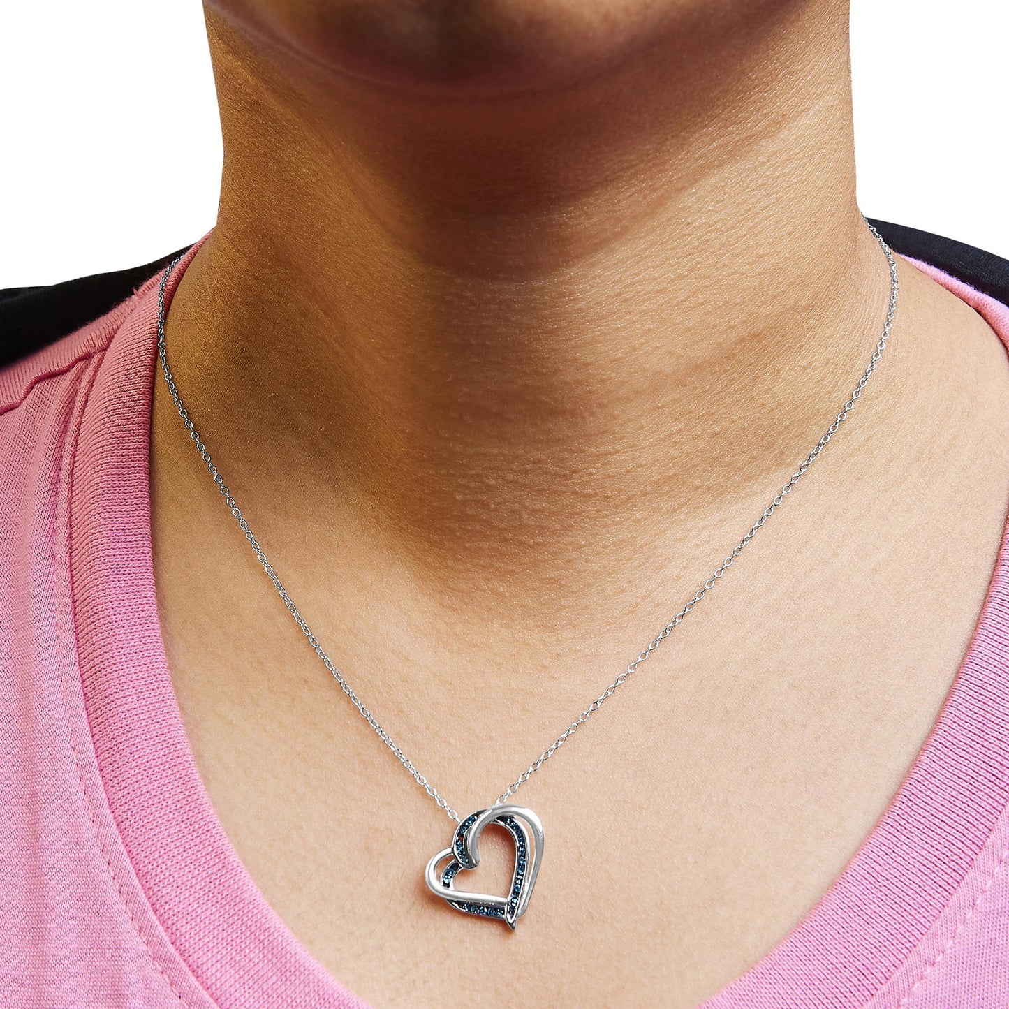 925 Sterling Silver 1/10 Cttw Treated Blue Diamond Double Heart 18" Pendant Necklace (Blue Color, I2-I3 Clarity)