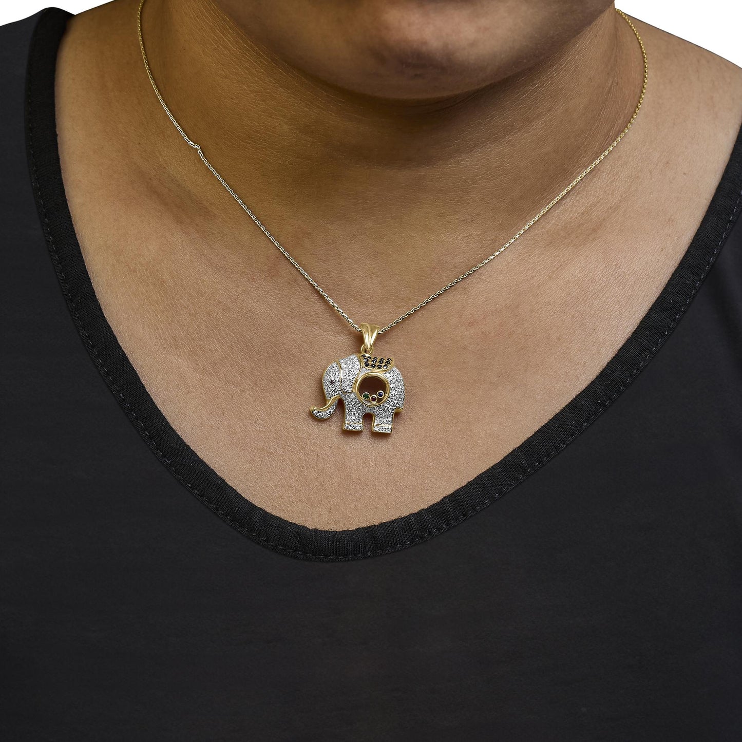 18K Yellow Gold 3/4 Cttw Diamond Elephant Shaker Pendant Necklace with Emerald, Ruby, and Sapphire (G-H Color, VS2-SI1 Clarity)