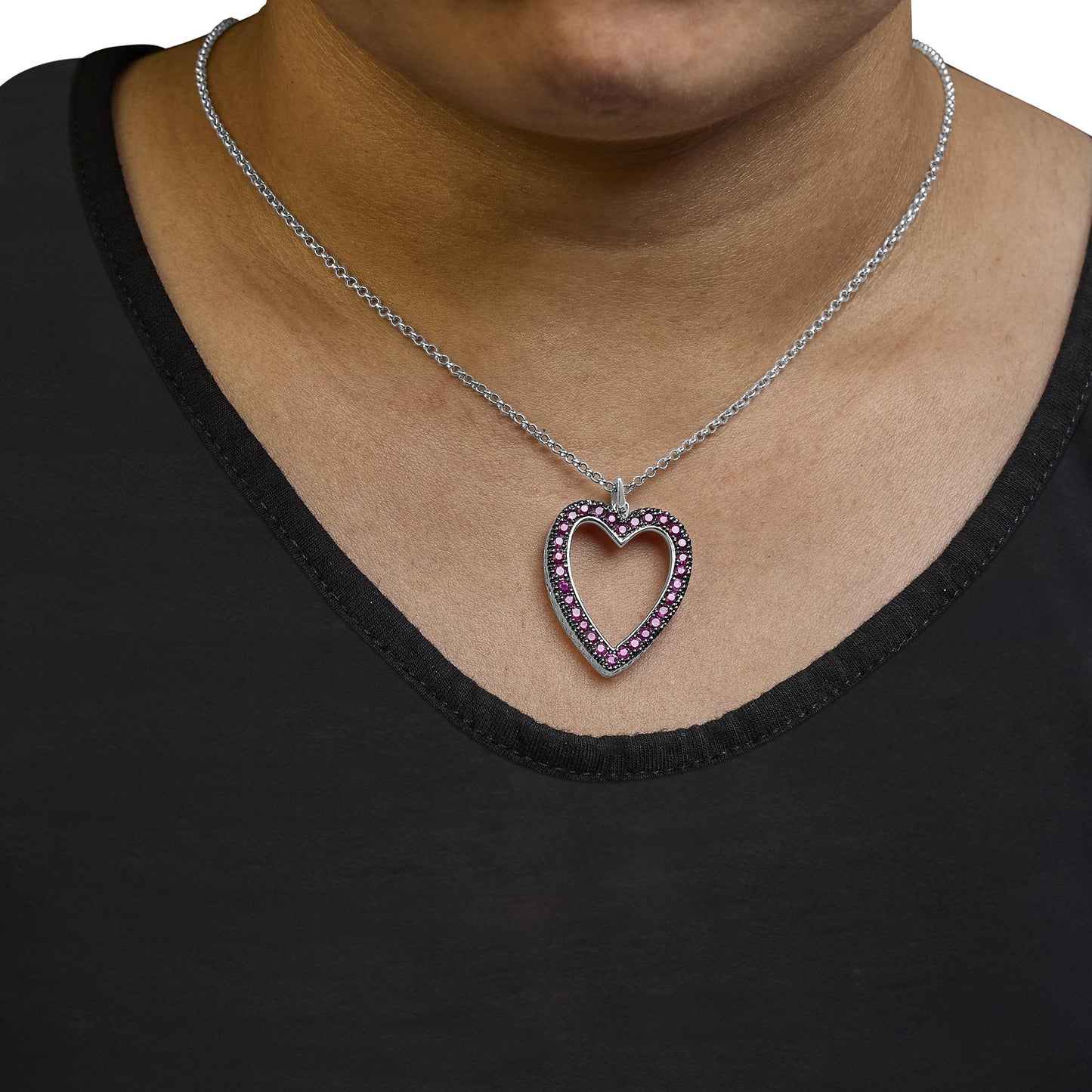 18K 1/3 Cttw Diamond and Red Ruby Open Heart with Black Rhodium 18’’