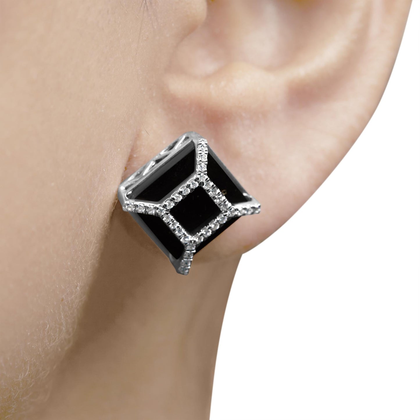 14K White Gold 3/8ct Diamond with 11x11MM Black Onyx Stud Earrings (G-H Color