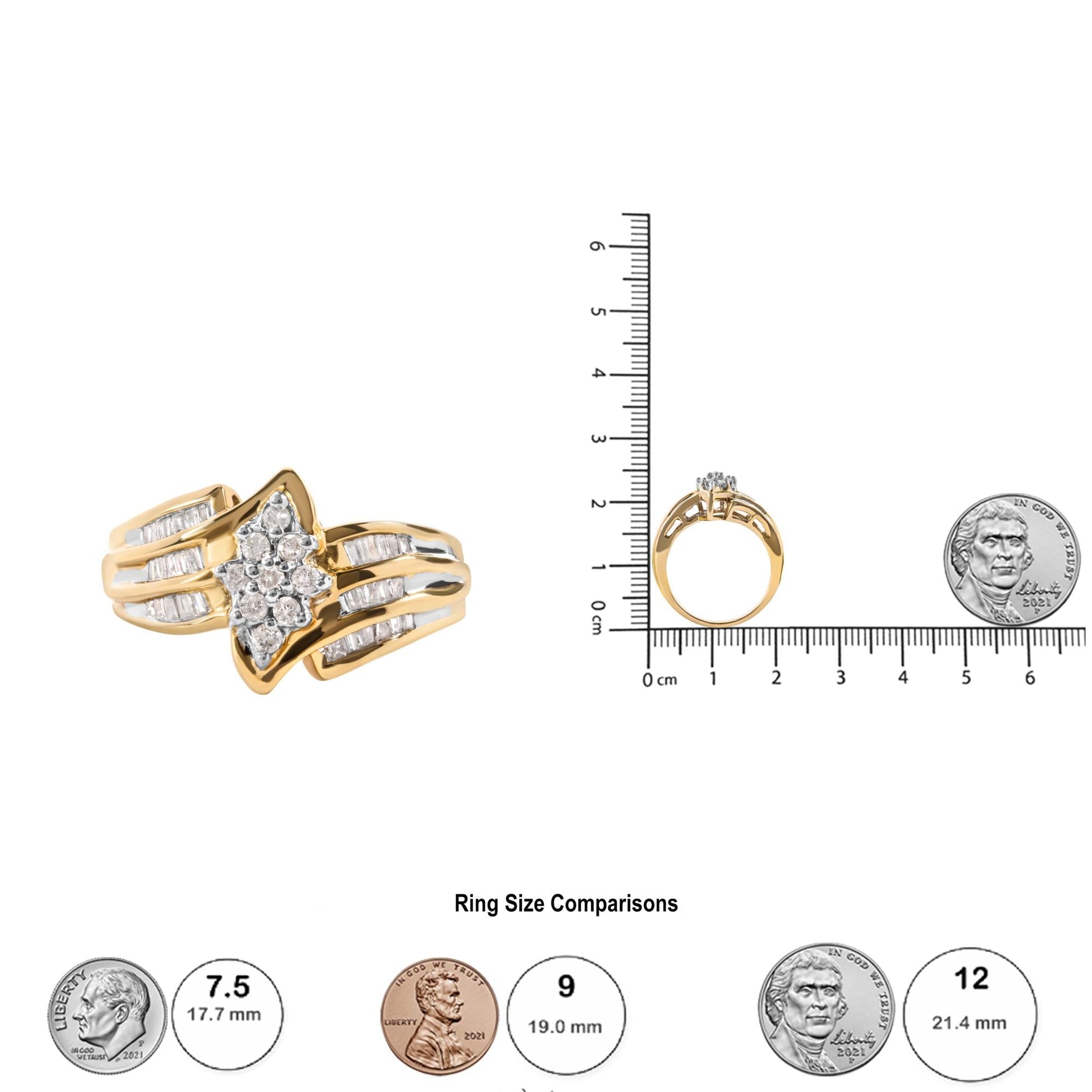 10K Yellow Gold 1/2 Cttw Round And Baguette-cut Diamond Cluster Head