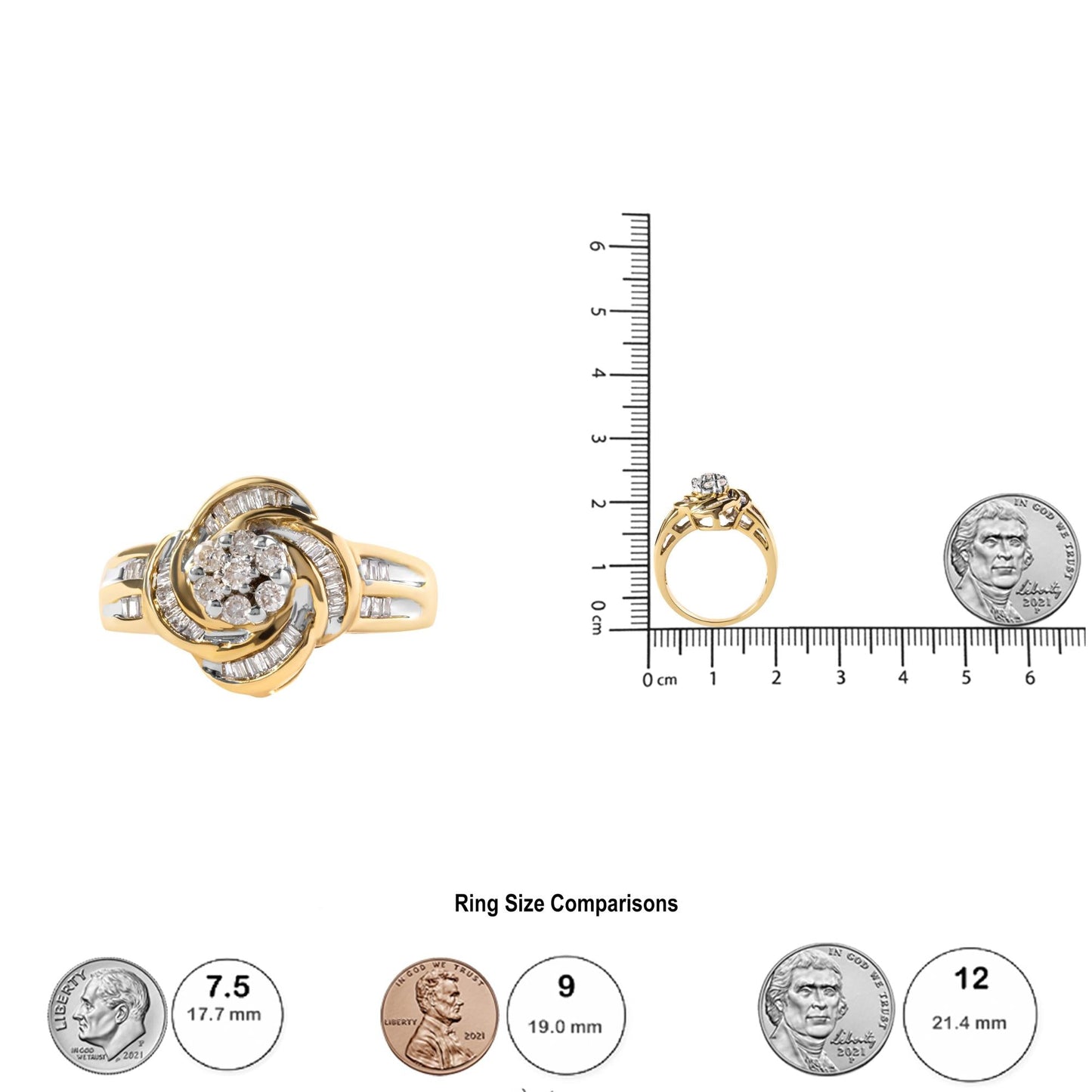 10K Yellow Gold 1/2 Cttw Round and Baguette Diamond Flower Swirl Cocktail Ring