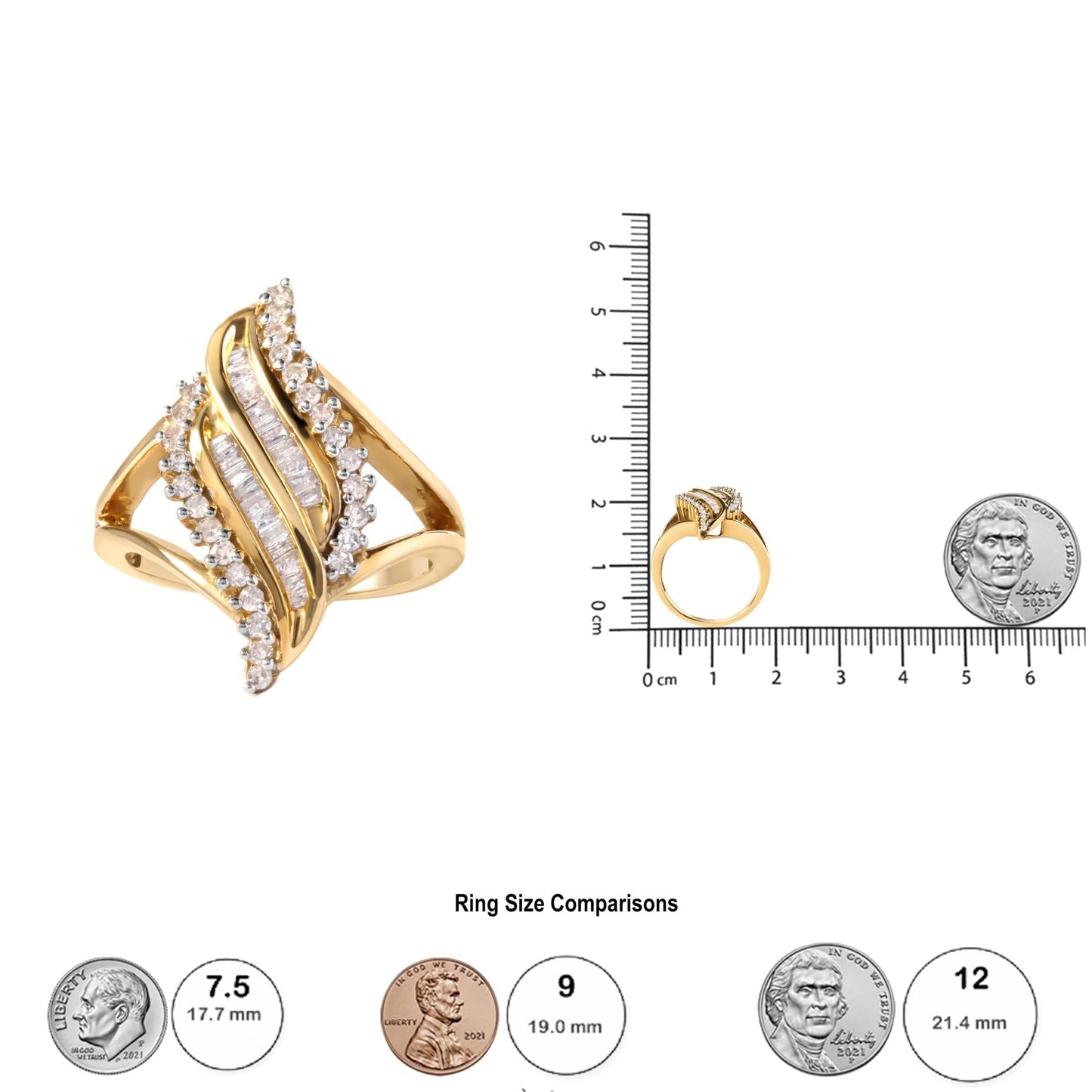 10K Yellow Gold 1/2 Cttw Round and Baguette Cut Diamond Cocktail Ring (H-I