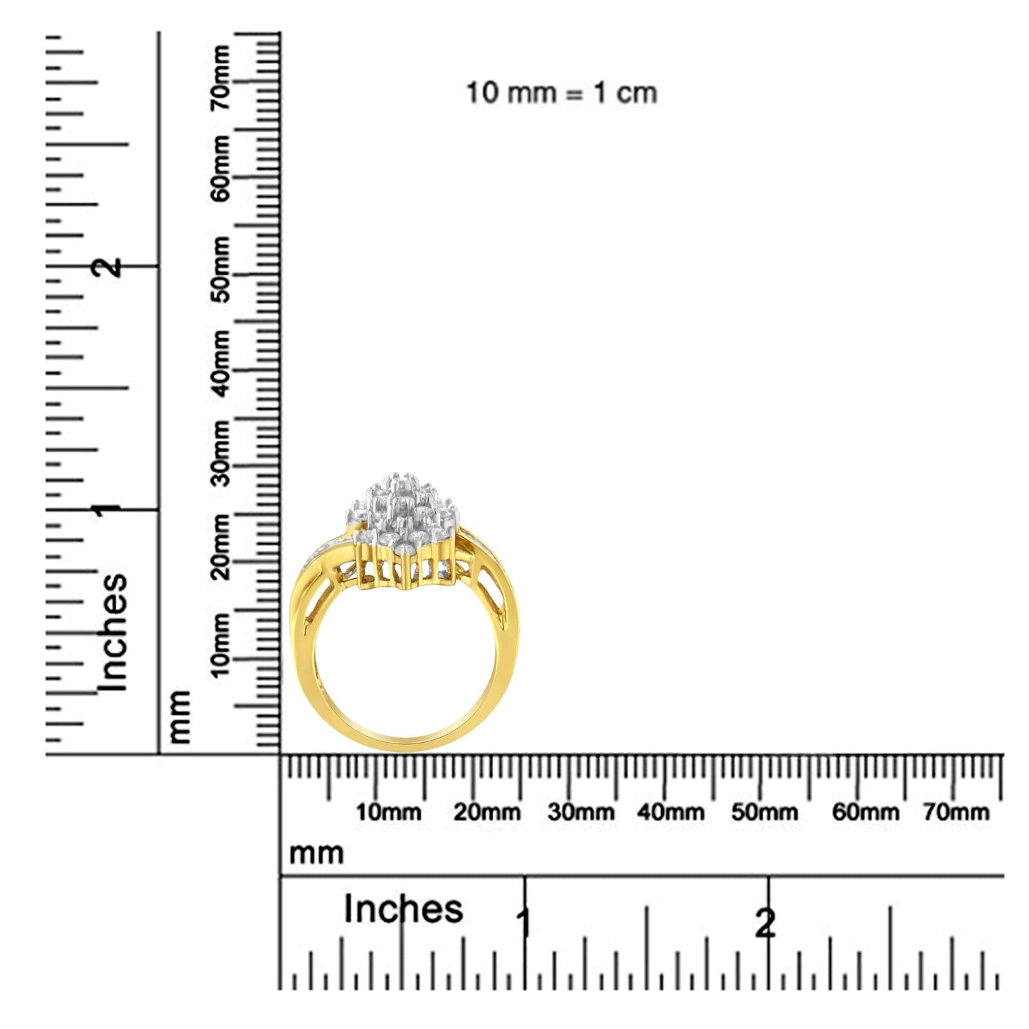 10K Yellow Gold Round And Baguette Cut Diamond Cluster Ring (1 1/10 Cttw H-I