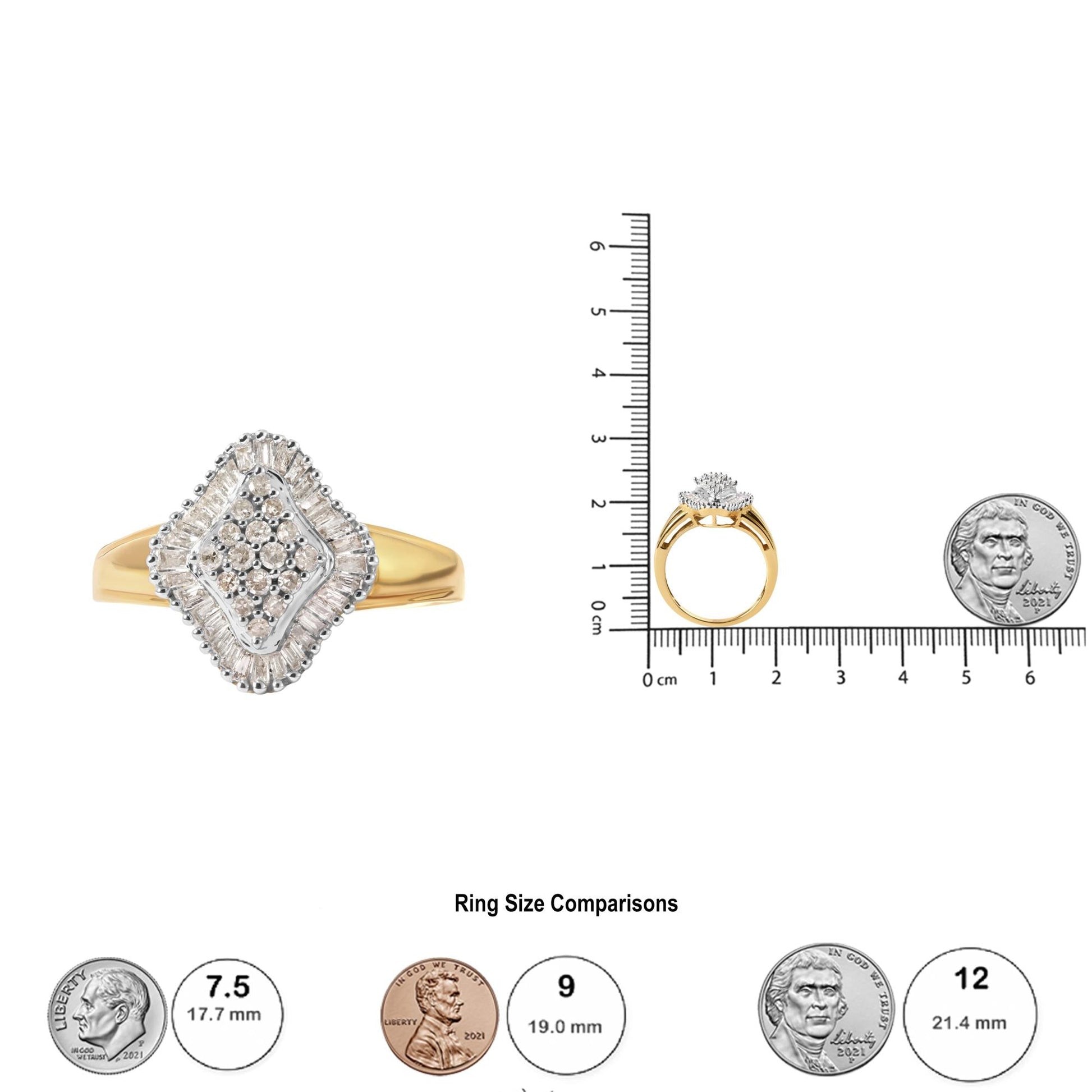 10K Yellow Gold 1/2 Cttw Round And Baguette-cut Diamond Rhombus Head and Halo