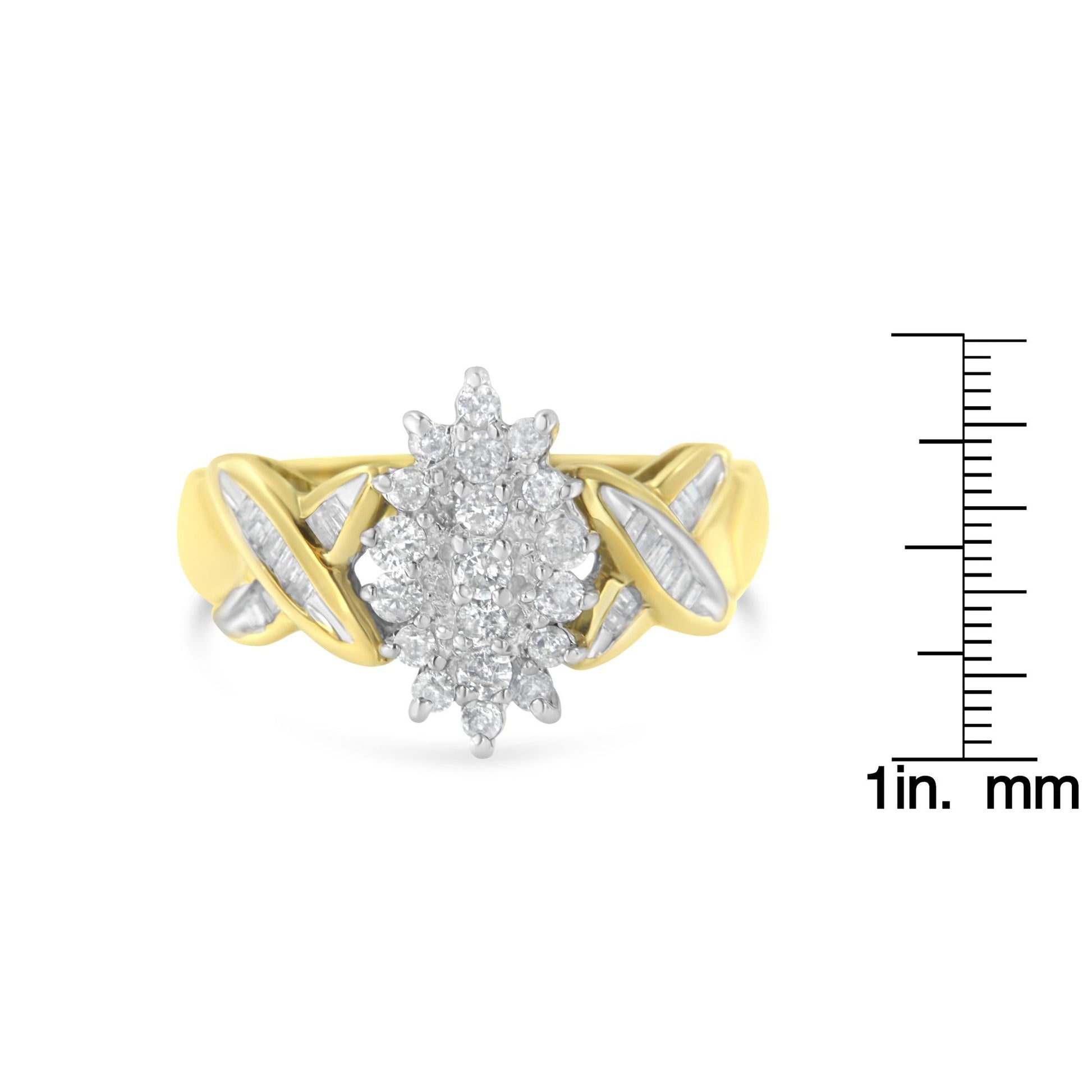 10K Two-Toned Round Baguette Diamond Cluster Ring (1/2 Cttw I-J Color I2-I3