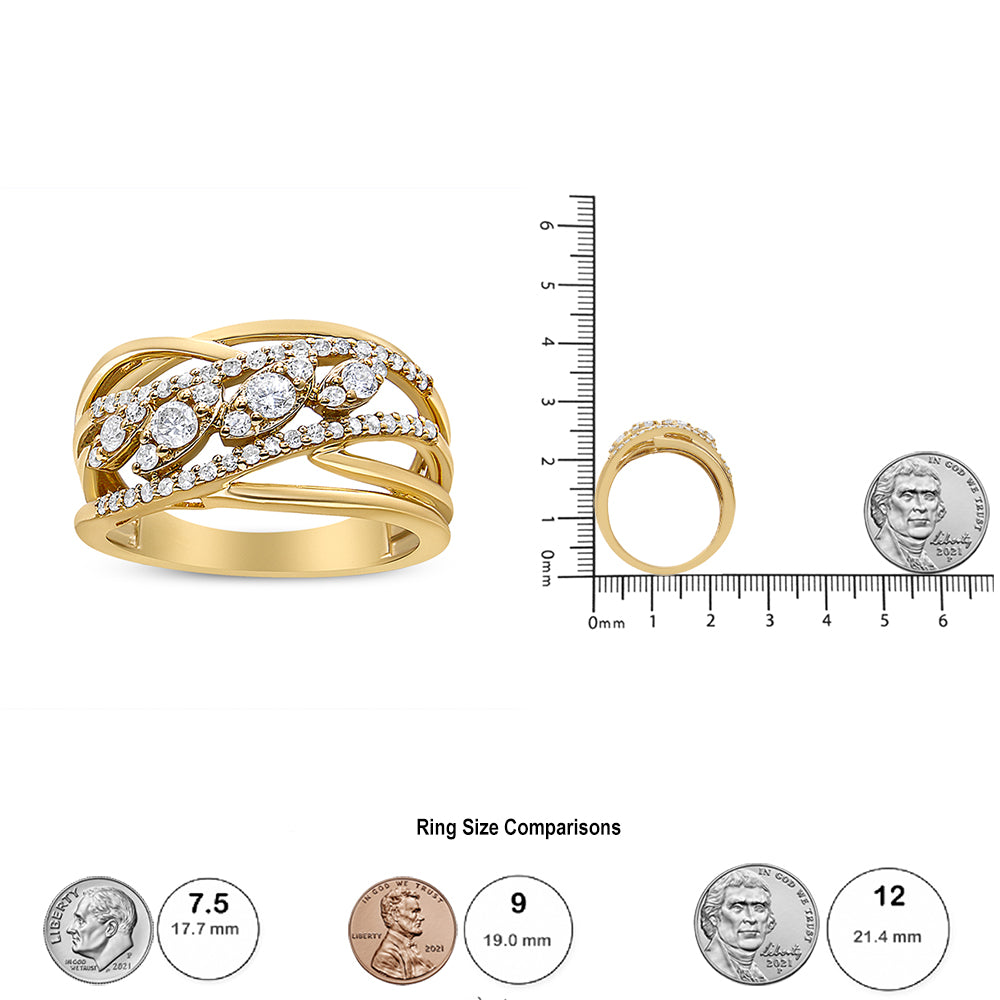 10K Yellow Gold 1/2 Cttw Round-Cut Multi Row Diamond Split Shank Cocktail Ring