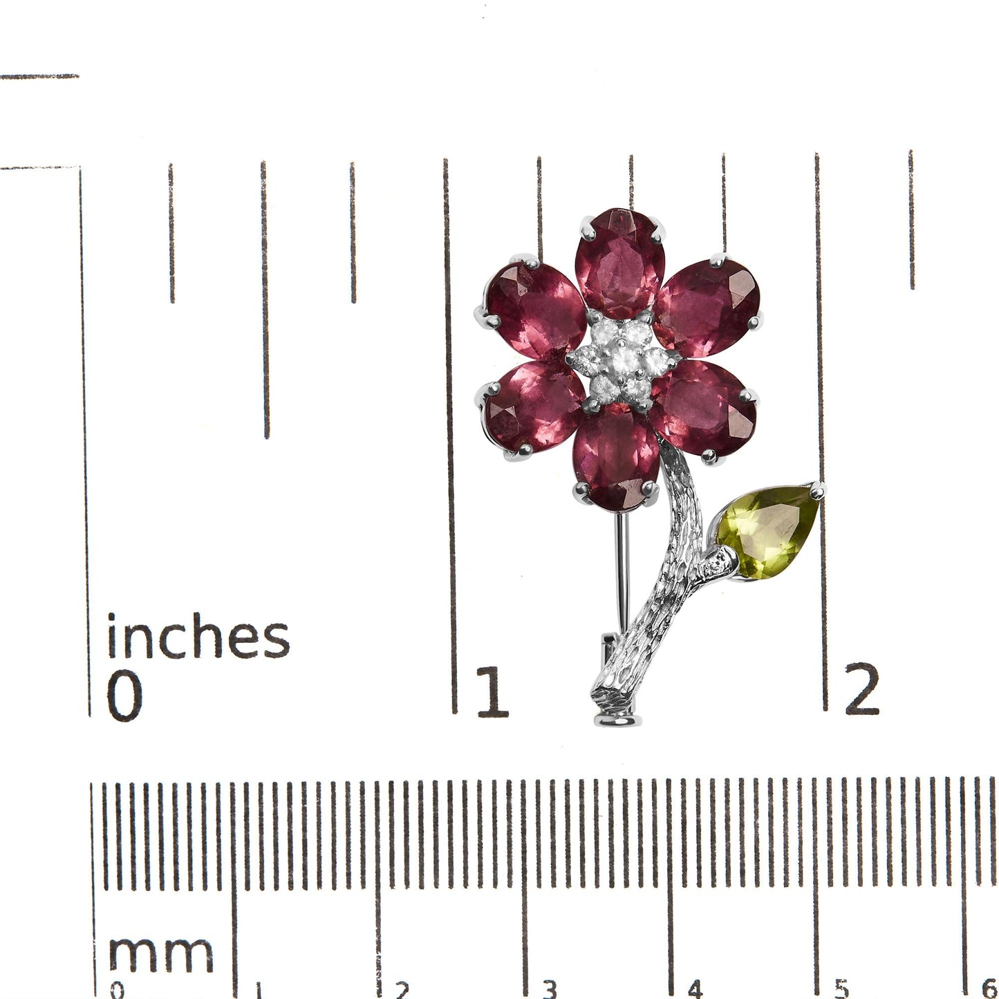 18K White Gold 1/3 Cttw Diamond Pink Tourmaline and Green Peridot Flower