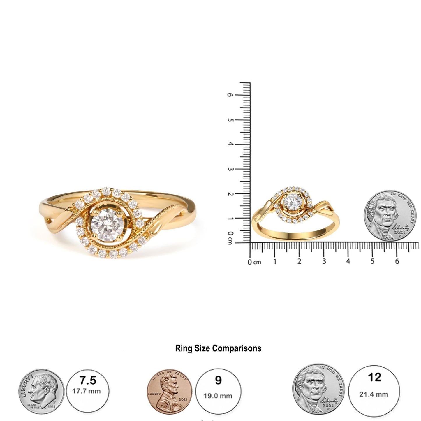 14K Yellow Gold 1/3 Cttw Diamond Solitaire and Halo Swirl Engagement Ring (G-H Color, VS2-SI1 Clarity)- Size 7