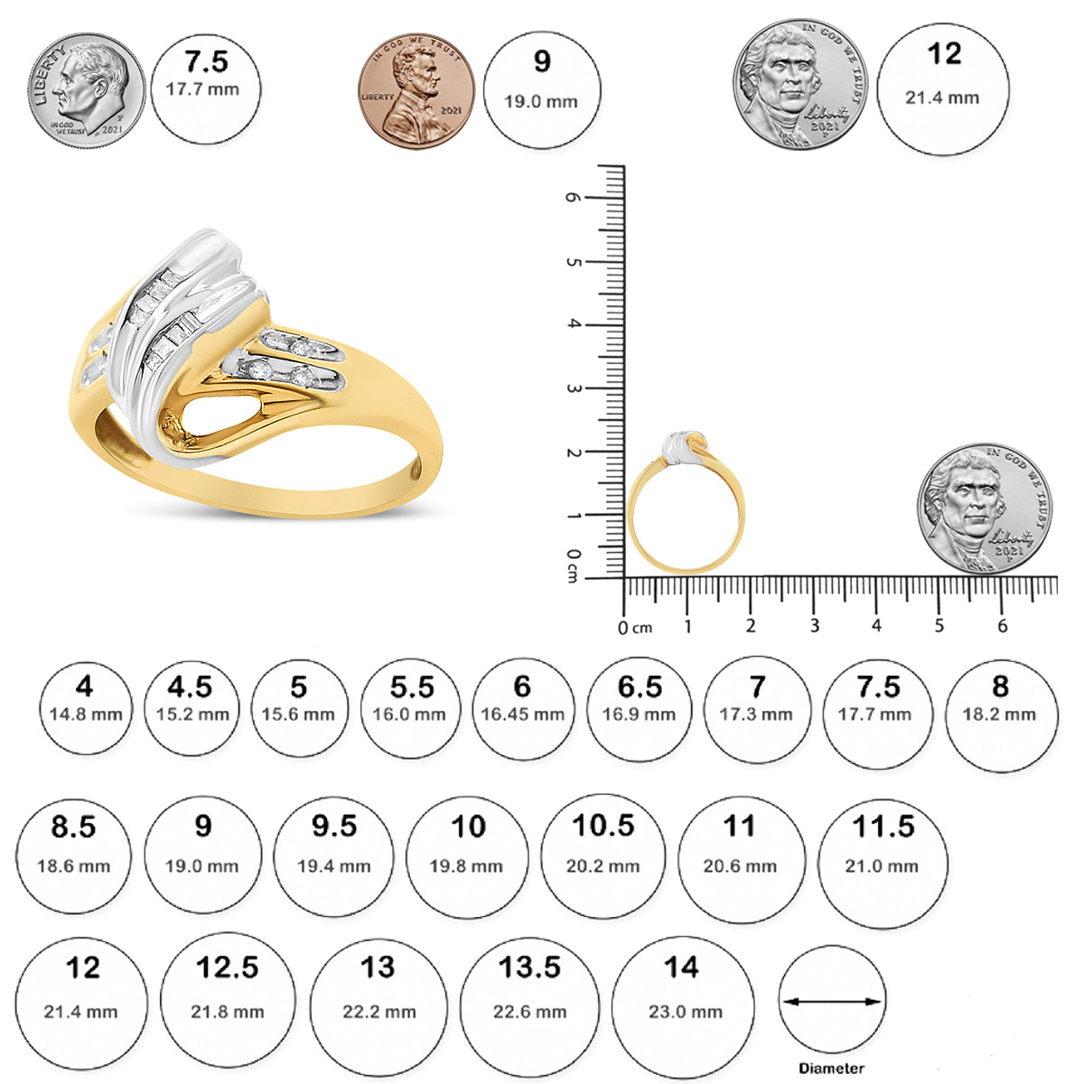 10K Yellow and White Gold 1/10 Cttw Baguette and Round-Cut Diamond Bypass Ring (I2 Color, H-I Clarity)