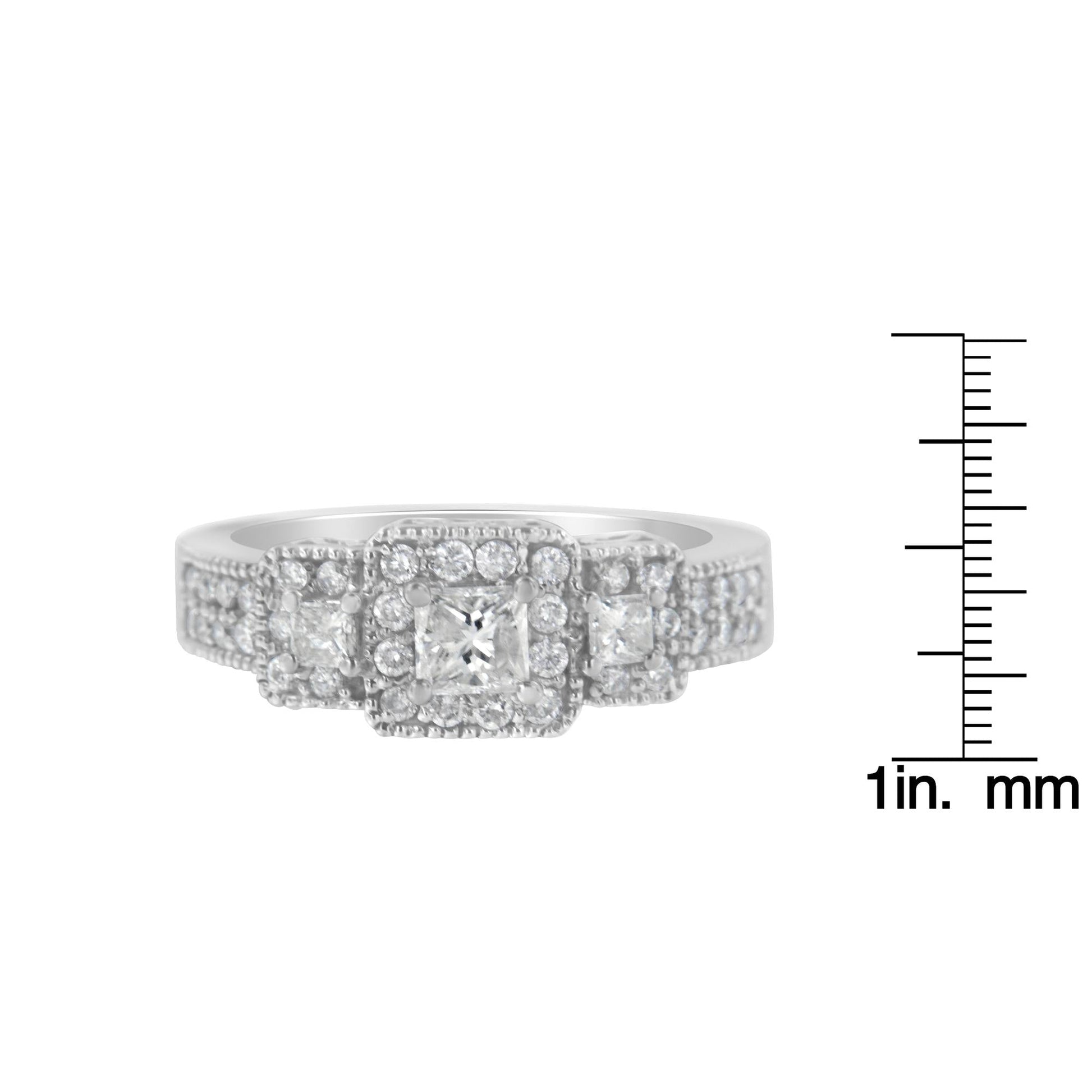 14K White Gold Round and Princess-Cut Diamond Three Stone Ring (1 Cttw H-I