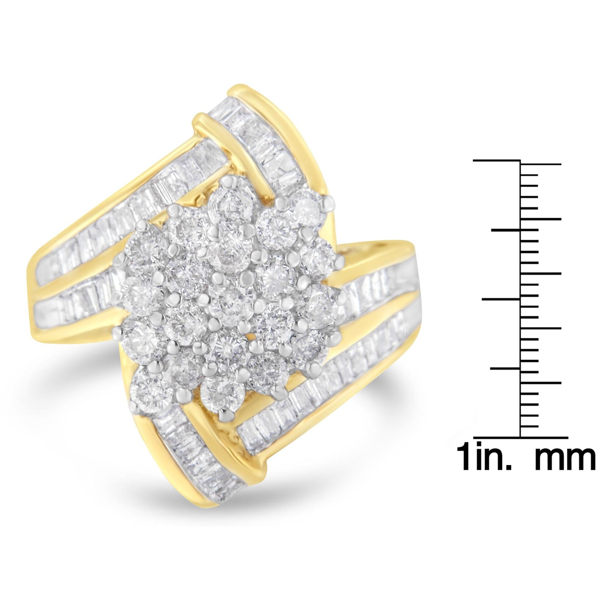 10K Yellow Gold Round and Baguette Diamond Crossover Cluster Ring (3 Cttw I-J