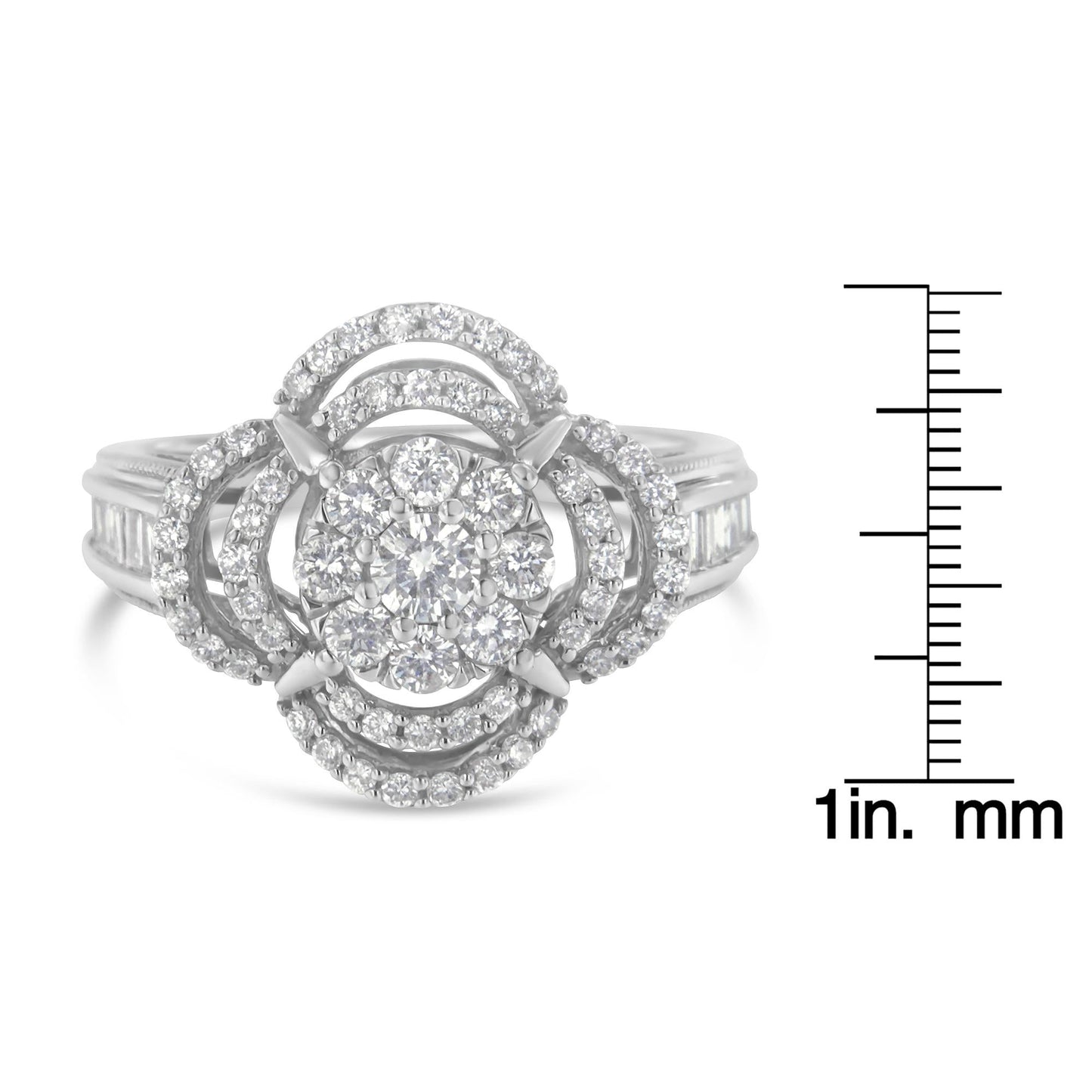 14K White Gold 1.0 Cttw Round & Baguette Cut Diamond Floral Cluster Quatrefoil