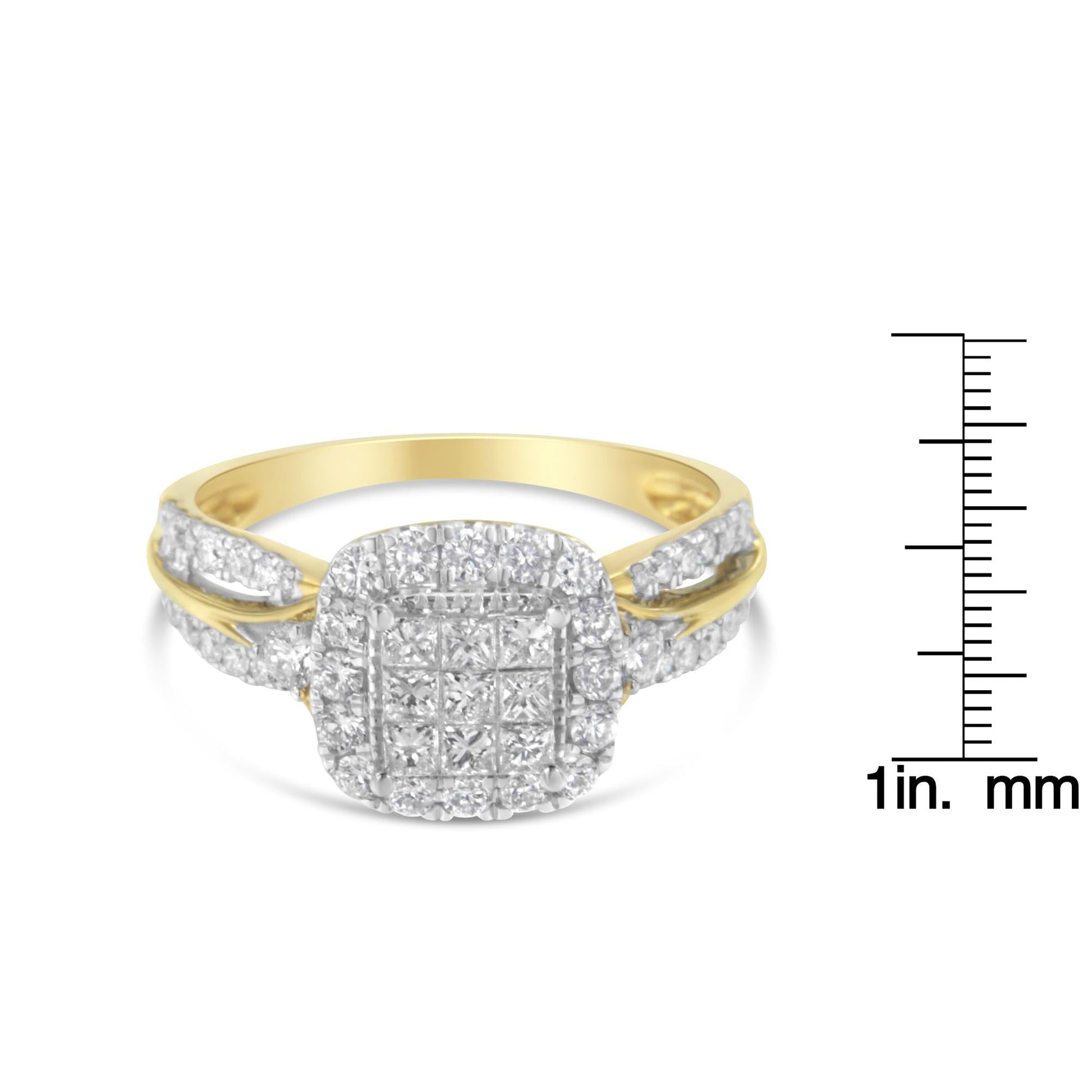 10K Yellow Gold 1.0 Cttw Diamond Composite Cushion-Shape Halo 3-Band-Look